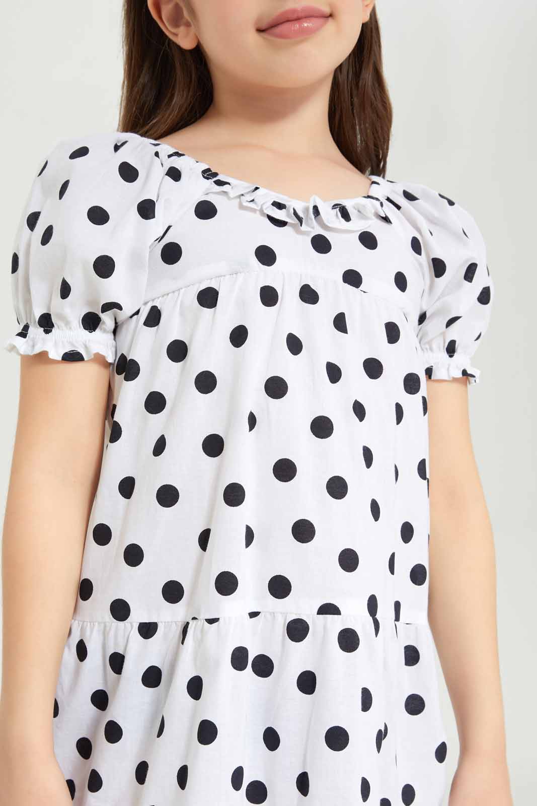 Redtag-Girls-Woven-Cambric-Trapeze-Dress-White/Black-Category:Dresses,-Colour:White,-Deals:New-In,-Dept:Girls,-Filter:Girls-(2-to-8-Yrs),-GIR-Dresses,-New-In-GIR-APL,-Non-Sale,-S23B,-Section:Girls-(0-to-14Yrs)-Girls-
