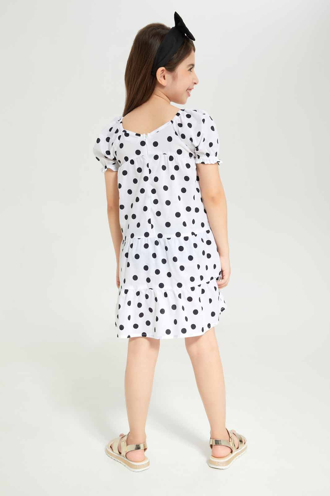 Redtag-Girls-Woven-Cambric-Trapeze-Dress-White/Black-Category:Dresses,-Colour:White,-Deals:New-In,-Dept:Girls,-Filter:Girls-(2-to-8-Yrs),-GIR-Dresses,-New-In-GIR-APL,-Non-Sale,-S23B,-Section:Girls-(0-to-14Yrs)-Girls-