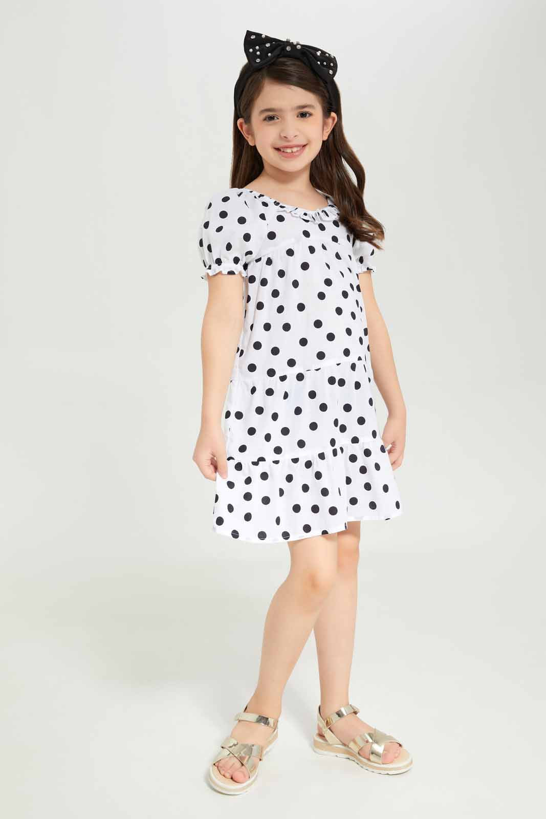 Redtag-Girls-Woven-Cambric-Trapeze-Dress-White/Black-Category:Dresses,-Colour:White,-Deals:New-In,-Dept:Girls,-Filter:Girls-(2-to-8-Yrs),-GIR-Dresses,-New-In-GIR-APL,-Non-Sale,-S23B,-Section:Girls-(0-to-14Yrs)-Girls-
