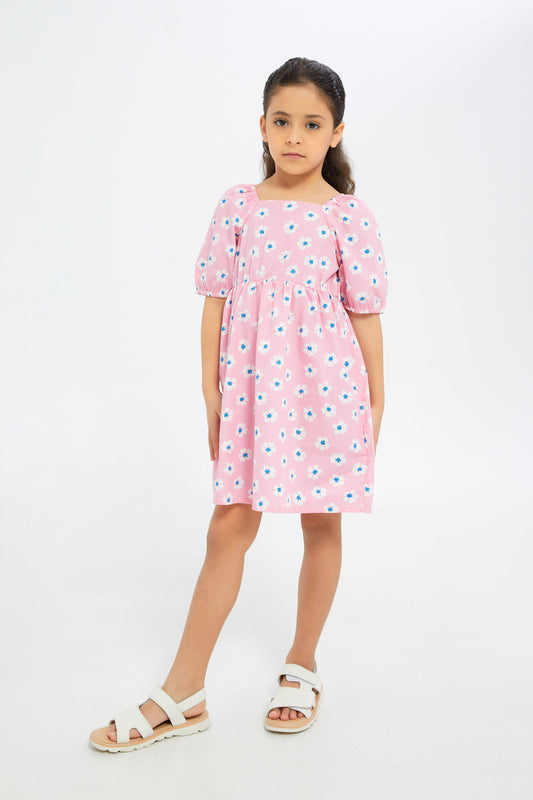 Redtag-Girls-Poplin-Puff-Sleeve-Dress-Pink-Floral-Category:Dresses,-Colour:Apricot,-Deals:New-In,-Dept:Girls,-Filter:Girls-(2-to-8-Yrs),-GIR-Dresses,-H1:KWR,-H2:GIR,-H3:DRS,-H4:CAD,-New-In-GIR-APL,-Non-Sale,-S23B,-Season:S23B,-Section:Girls-(0-to-14Yrs)-Girls-2 to 8 Years