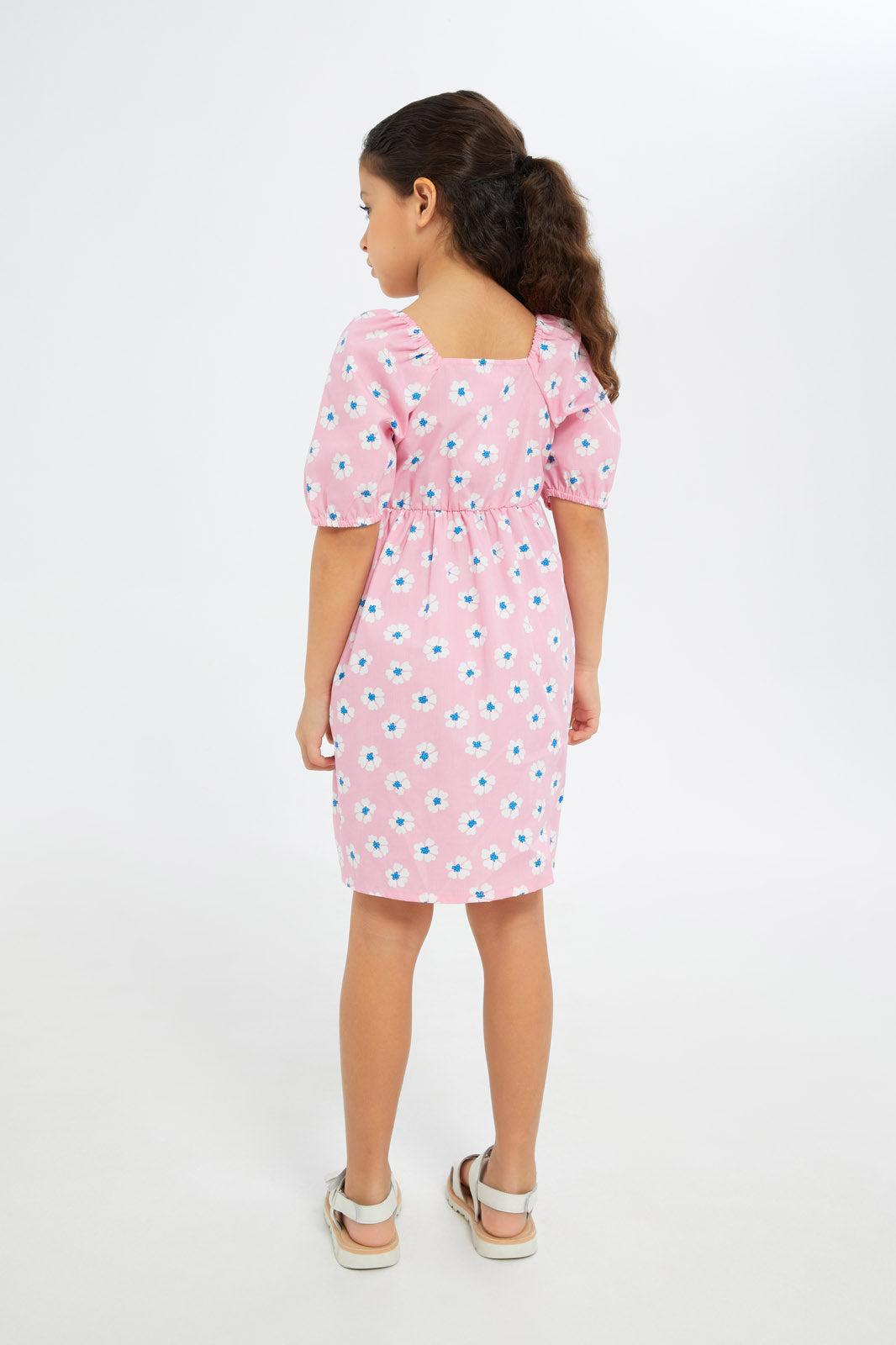 Redtag-Girls-Poplin-Puff-Sleeve-Dress-Pink-Floral-Category:Dresses,-Colour:Apricot,-Deals:New-In,-Dept:Girls,-Filter:Girls-(2-to-8-Yrs),-GIR-Dresses,-H1:KWR,-H2:GIR,-H3:DRS,-H4:CAD,-New-In-GIR-APL,-Non-Sale,-S23B,-Season:S23B,-Section:Girls-(0-to-14Yrs)-Girls-2 to 8 Years