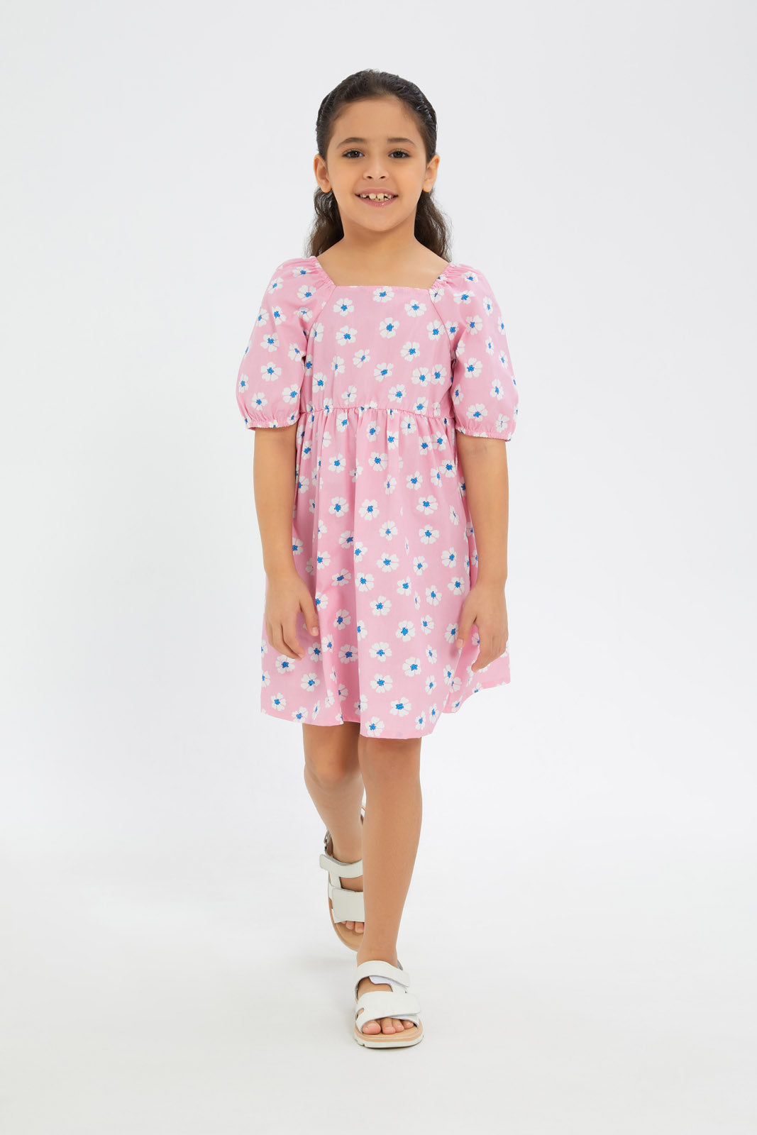 Redtag-Girls-Poplin-Puff-Sleeve-Dress-Pink-Floral-Category:Dresses,-Colour:Apricot,-Deals:New-In,-Dept:Girls,-Filter:Girls-(2-to-8-Yrs),-GIR-Dresses,-H1:KWR,-H2:GIR,-H3:DRS,-H4:CAD,-New-In-GIR-APL,-Non-Sale,-S23B,-Season:S23B,-Section:Girls-(0-to-14Yrs)-Girls-2 to 8 Years