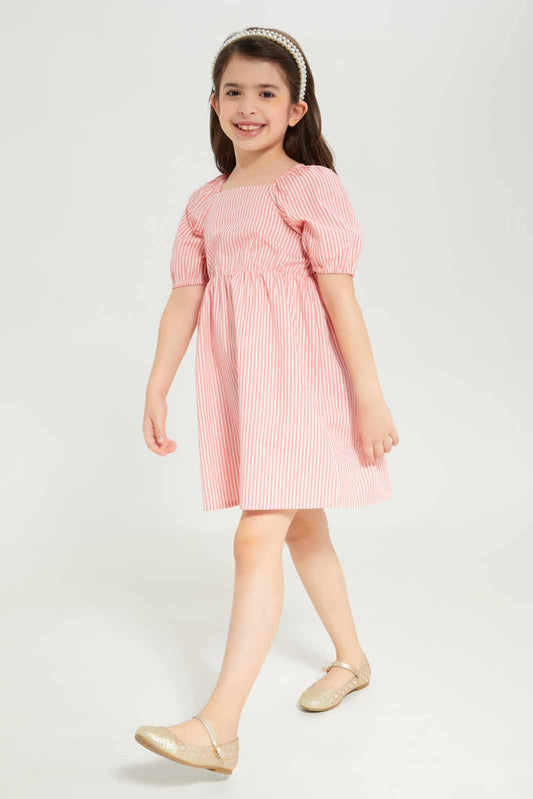 Redtag-Girls-Poplin-Puff-Sleeve-Dress-Coral-Stripe-Category:Dresses,-Colour:Apricot,-Deals:New-In,-Dept:Girls,-Filter:Girls-(2-to-8-Yrs),-GIR-Dresses,-New-In-GIR-APL,-Non-Sale,-S23B,-Section:Girls-(0-to-14Yrs)-Girls-