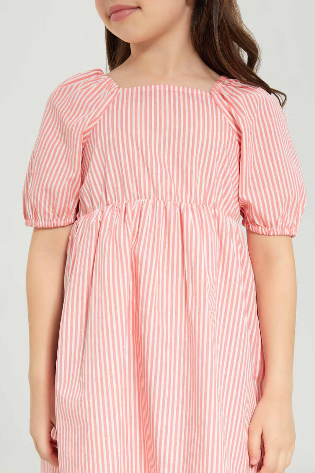 Redtag-Girls-Poplin-Puff-Sleeve-Dress-Coral-Stripe-Category:Dresses,-Colour:Apricot,-Deals:New-In,-Dept:Girls,-Filter:Girls-(2-to-8-Yrs),-GIR-Dresses,-New-In-GIR-APL,-Non-Sale,-S23B,-Section:Girls-(0-to-14Yrs)-Girls-