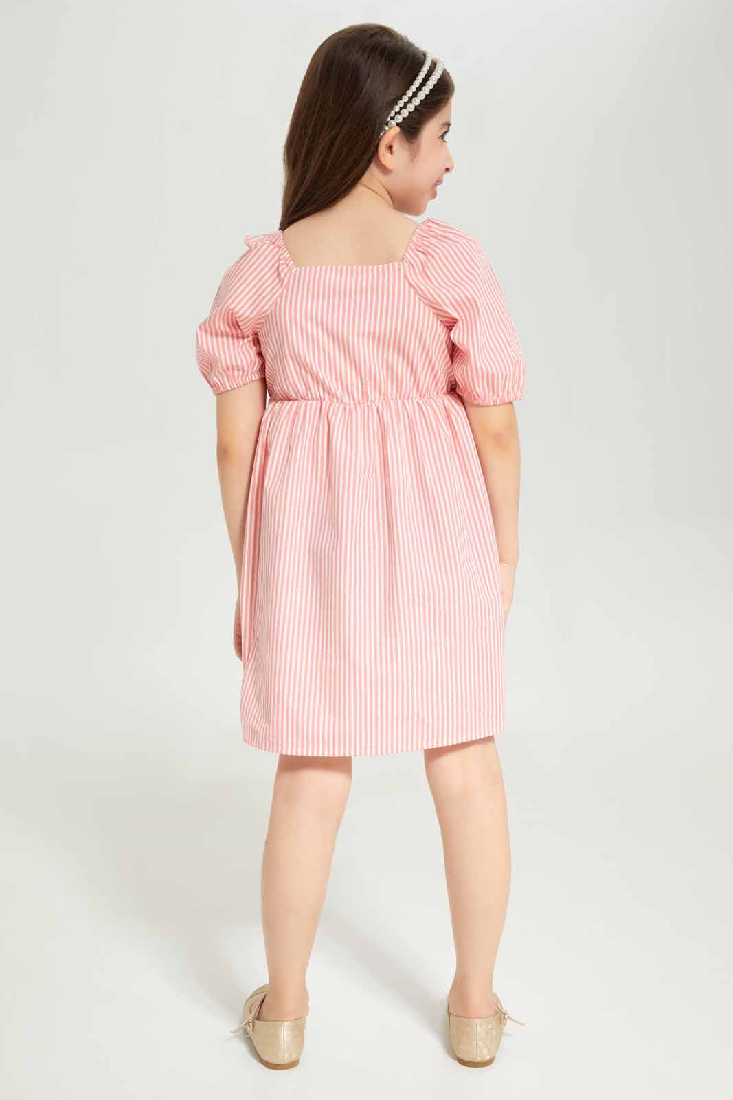 Redtag-Girls-Poplin-Puff-Sleeve-Dress-Coral-Stripe-Category:Dresses,-Colour:Apricot,-Deals:New-In,-Dept:Girls,-Filter:Girls-(2-to-8-Yrs),-GIR-Dresses,-New-In-GIR-APL,-Non-Sale,-S23B,-Section:Girls-(0-to-14Yrs)-Girls-