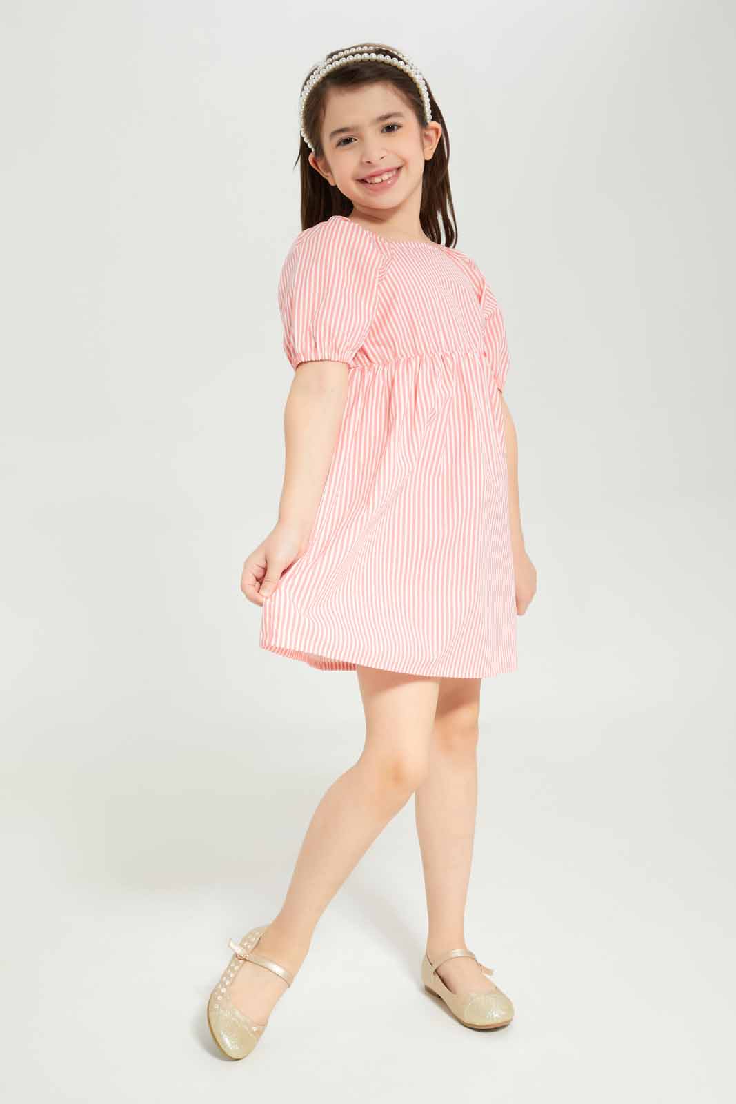Redtag-Girls-Poplin-Puff-Sleeve-Dress-Coral-Stripe-Category:Dresses,-Colour:Apricot,-Deals:New-In,-Dept:Girls,-Filter:Girls-(2-to-8-Yrs),-GIR-Dresses,-New-In-GIR-APL,-Non-Sale,-S23B,-Section:Girls-(0-to-14Yrs)-Girls-