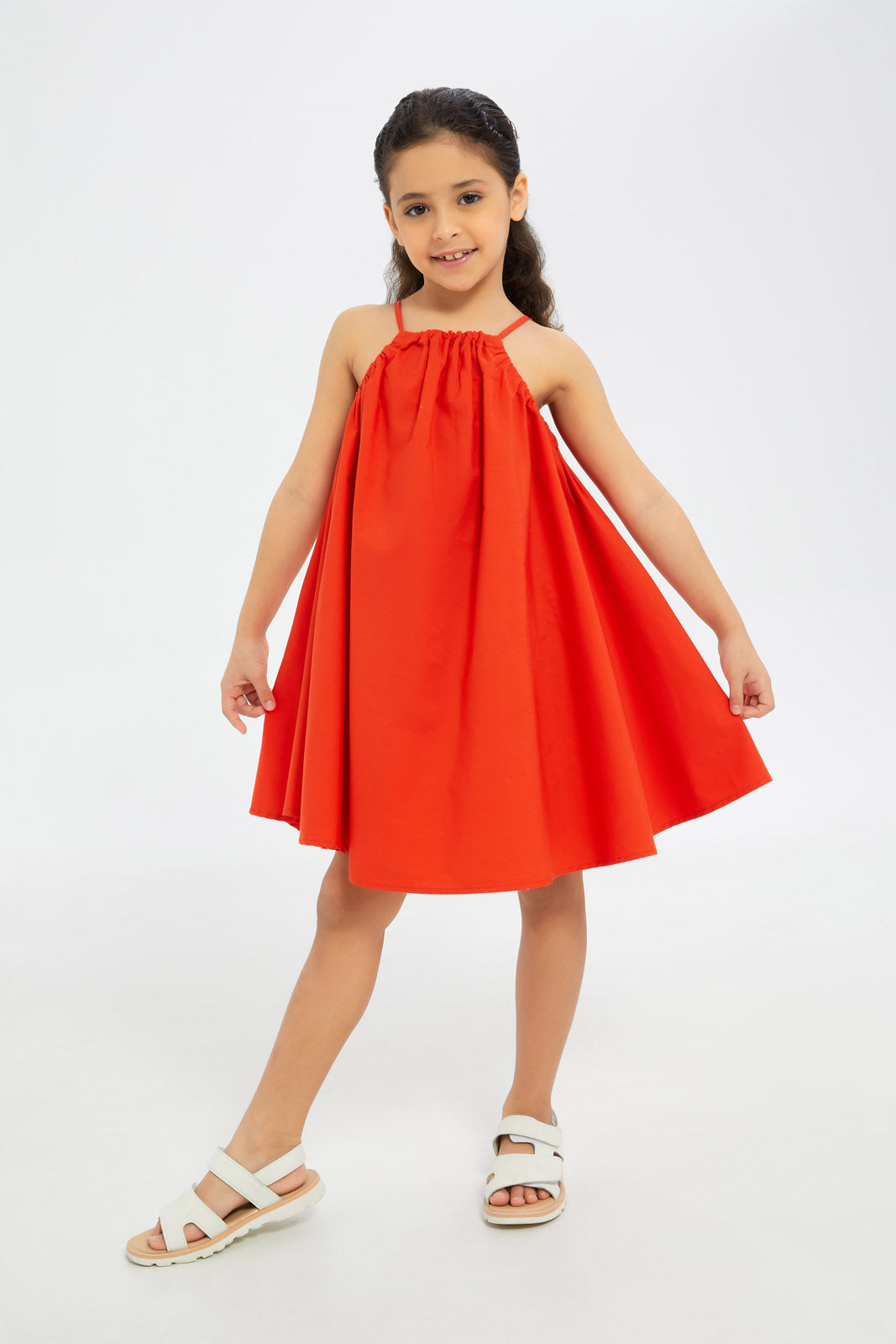 Redtag-Girls-Halter-Poplin-Dress-Red-Category:Dresses,-Colour:Red,-Deals:New-In,-Dept:Girls,-Filter:Girls-(2-to-8-Yrs),-GIR-Dresses,-H1:KWR,-H2:GIR,-H3:DRS,-H4:CAD,-New-In-GIR-APL,-Non-Sale,-S23B,-Season:S23B,-Section:Girls-(0-to-14Yrs)-Girls-2 to 8 Years