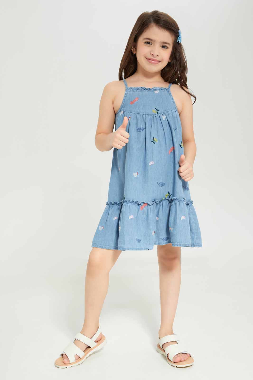Redtag-Girls-Chambray-Strappy-Embroidered-Dress-Category:Dresses,-Colour:Blue,-Deals:New-In,-Dept:Girls,-Filter:Girls-(2-to-8-Yrs),-GIR-Dresses,-New-In-GIR-APL,-Non-Sale,-S23B,-Section:Girls-(0-to-14Yrs)-Girls-