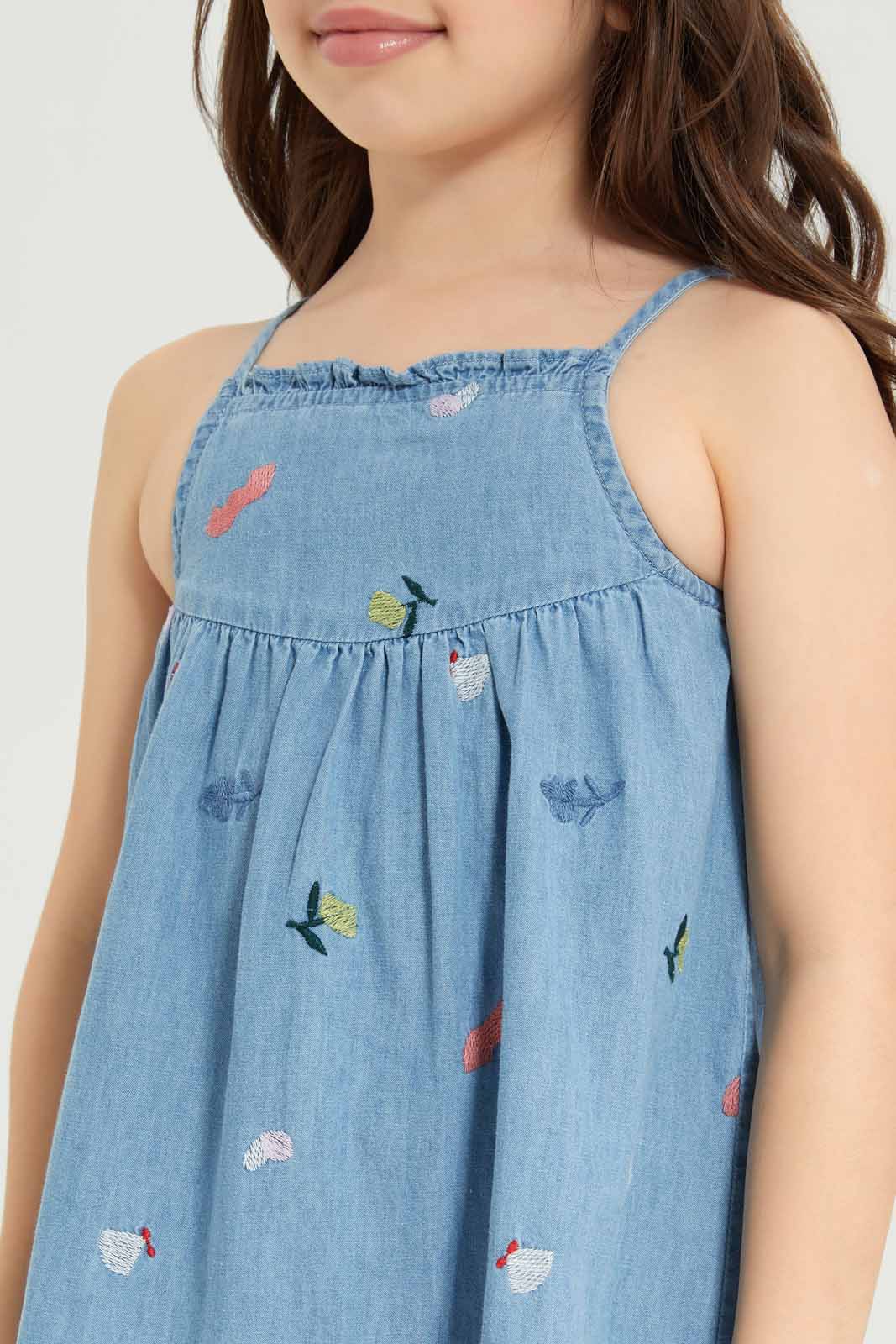 Redtag-Girls-Chambray-Strappy-Embroidered-Dress-Category:Dresses,-Colour:Blue,-Deals:New-In,-Dept:Girls,-Filter:Girls-(2-to-8-Yrs),-GIR-Dresses,-New-In-GIR-APL,-Non-Sale,-S23B,-Section:Girls-(0-to-14Yrs)-Girls-