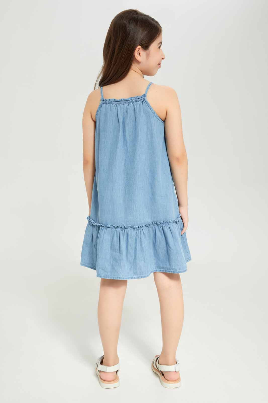 Redtag-Girls-Chambray-Strappy-Embroidered-Dress-Category:Dresses,-Colour:Blue,-Deals:New-In,-Dept:Girls,-Filter:Girls-(2-to-8-Yrs),-GIR-Dresses,-New-In-GIR-APL,-Non-Sale,-S23B,-Section:Girls-(0-to-14Yrs)-Girls-