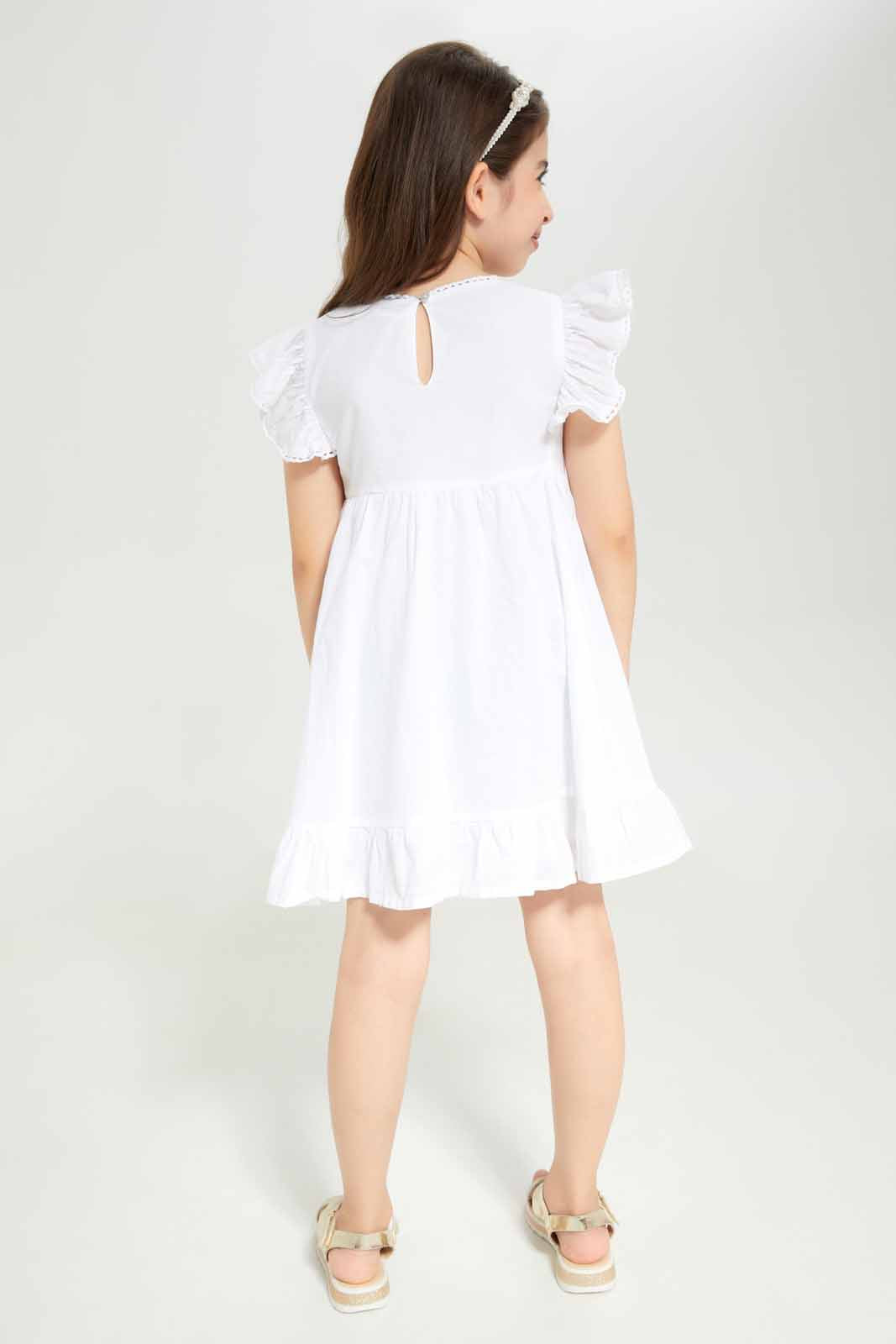 Redtag-Girls-Woven-Anglaise-Inset-Dress-Category:Dresses,-Colour:White,-Deals:New-In,-Dept:Girls,-Filter:Girls-(2-to-8-Yrs),-GIR-Dresses,-New-In-GIR-APL,-Non-Sale,-S23B,-Section:Girls-(0-to-14Yrs)-Girls-