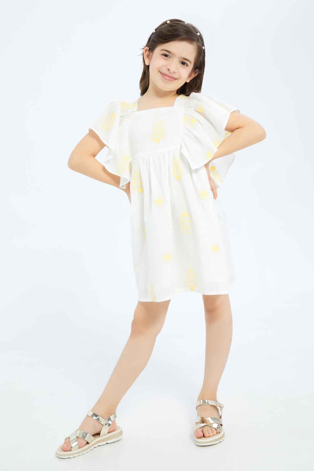 Redtag-Girls-Embroidered-Ss-Dress-Yellow-Cream-Category:Dresses,-Colour:Cream,-Deals:New-In,-Dept:Girls,-Filter:Girls-(2-to-8-Yrs),-GIR-Dresses,-New-In-GIR-APL,-Non-Sale,-S23B,-Section:Girls-(0-to-14Yrs)-Girls-2 to 8 Years