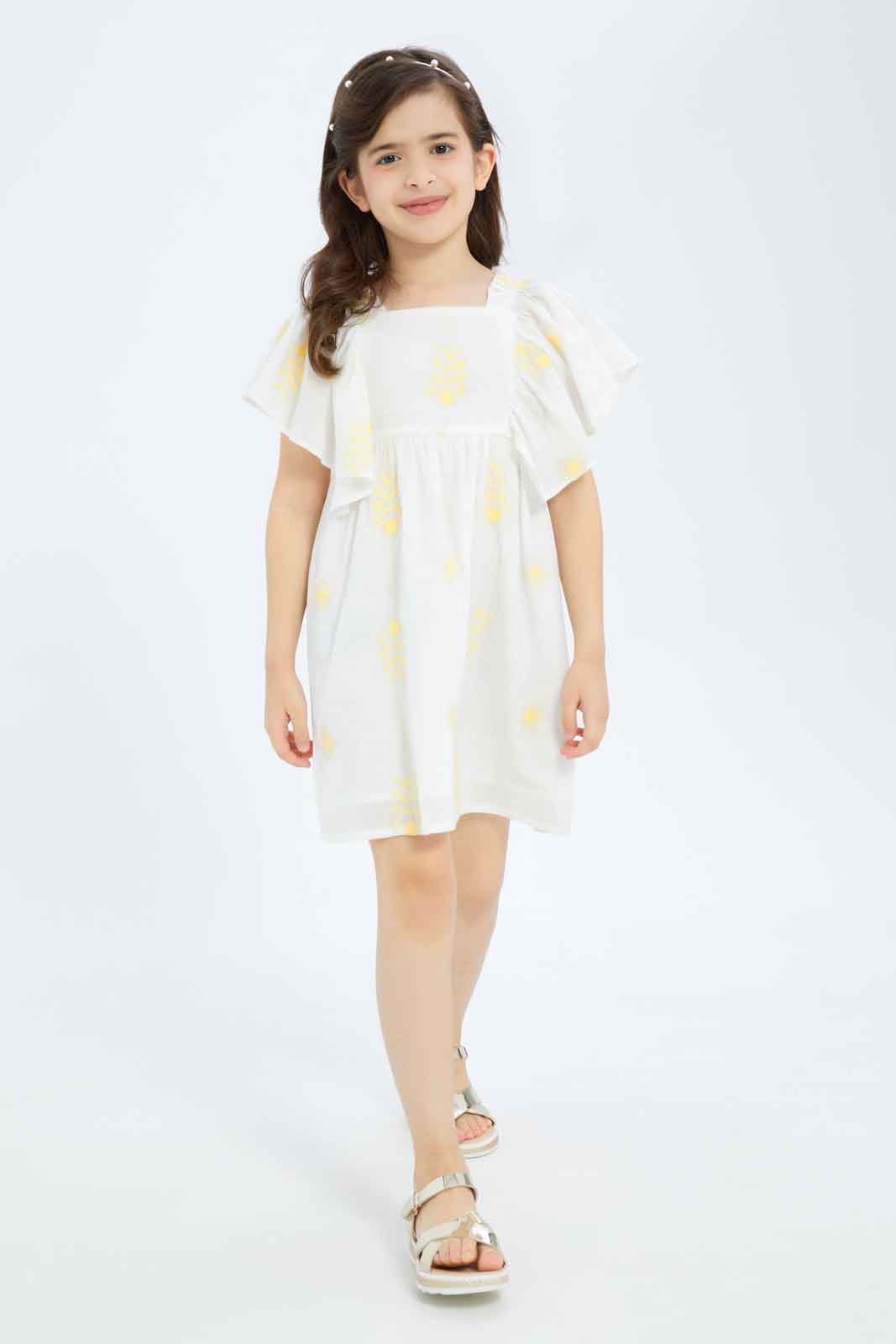 Redtag-Girls-Embroidered-Ss-Dress-Yellow-Cream-Category:Dresses,-Colour:Cream,-Deals:New-In,-Dept:Girls,-Filter:Girls-(2-to-8-Yrs),-GIR-Dresses,-New-In-GIR-APL,-Non-Sale,-S23B,-Section:Girls-(0-to-14Yrs)-Girls-2 to 8 Years