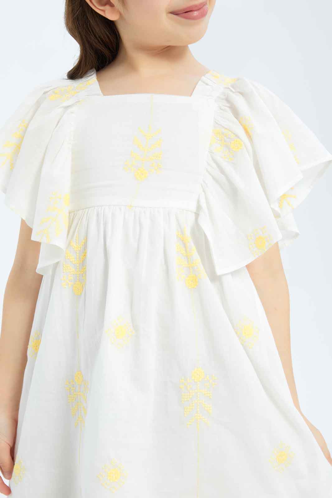 Redtag-Girls-Embroidered-Ss-Dress-Yellow-Cream-Category:Dresses,-Colour:Cream,-Deals:New-In,-Dept:Girls,-Filter:Girls-(2-to-8-Yrs),-GIR-Dresses,-New-In-GIR-APL,-Non-Sale,-S23B,-Section:Girls-(0-to-14Yrs)-Girls-2 to 8 Years