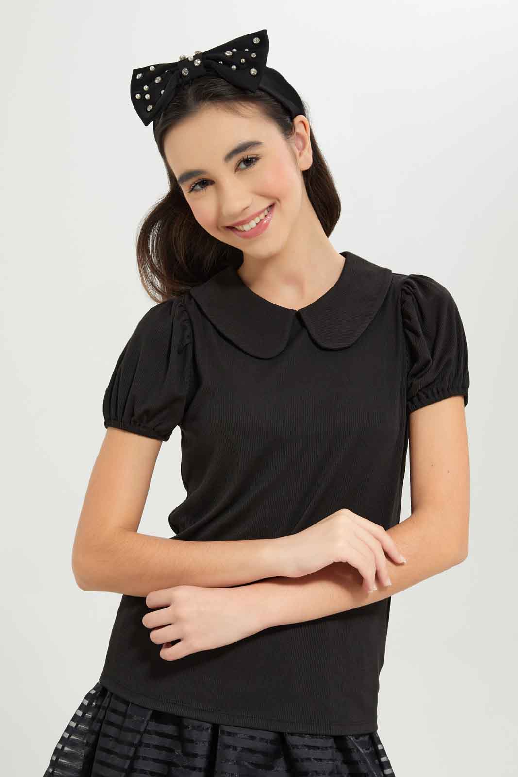 Redtag-Girls-Black-Peter-Pan-Collar-Blouse-Category:Blouses,-Colour:Black,-Deals:New-In,-Dept:Girls,-Filter:Senior-Girls-(8-to-14-Yrs),-GSR-Blouses,-New-In-GSR-APL,-Non-Sale,-S23B,-Section:Girls-(0-to-14Yrs),-VLM-Senior-Girls-9 to 14 Years