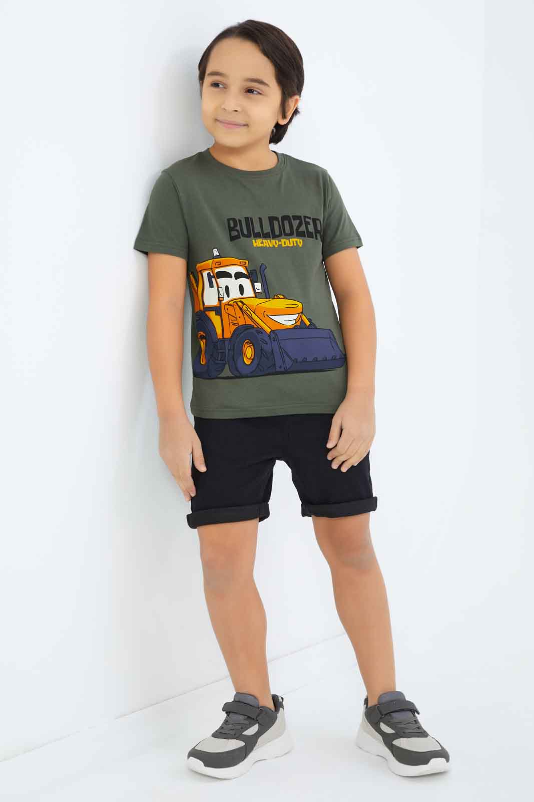 Redtag-Boys-Olive-Buildozer-Print-Short-Sleeve-T-Shirt-BOY-T-Shirts,-Category:T-Shirts,-Colour:Green,-Deals:New-In,-Dept:Boys,-Filter:Boys-(2-to-8-Yrs),-New-In-BOY-APL,-Non-Sale,-S23B,-Section:Boys-(0-to-14Yrs),-TBL-Boys-2 to 8 Years