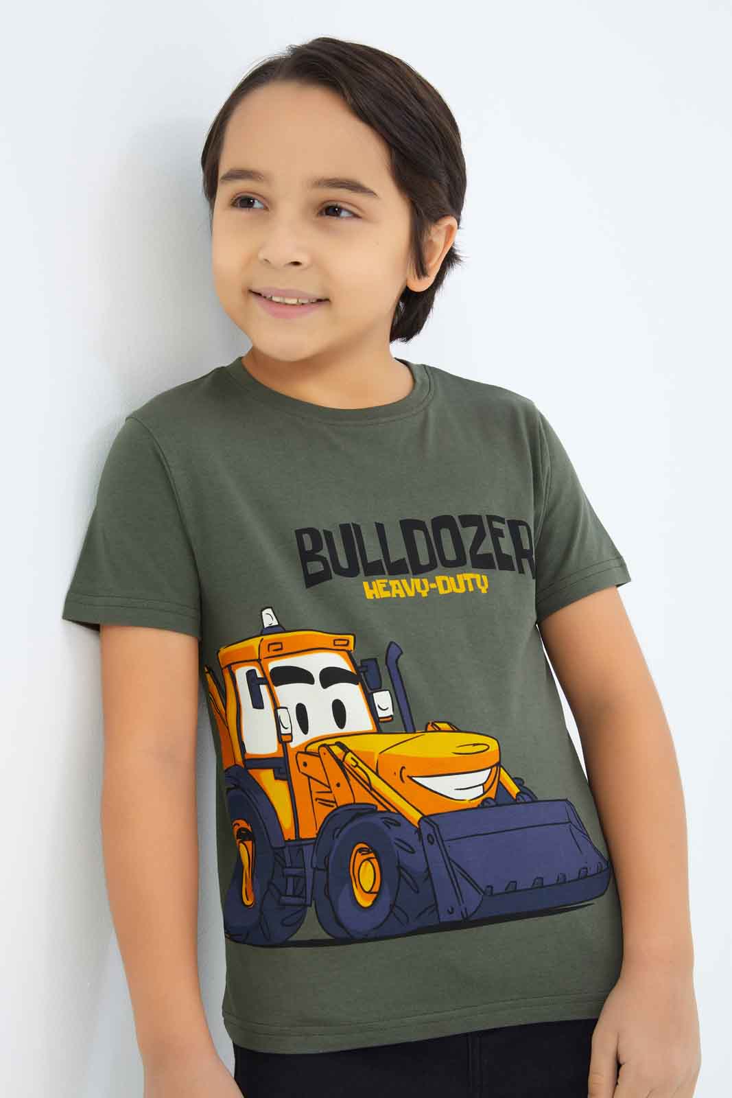 Redtag-Boys-Olive-Buildozer-Print-Short-Sleeve-T-Shirt-BOY-T-Shirts,-Category:T-Shirts,-Colour:Green,-Deals:New-In,-Dept:Boys,-Filter:Boys-(2-to-8-Yrs),-New-In-BOY-APL,-Non-Sale,-S23B,-Section:Boys-(0-to-14Yrs),-TBL-Boys-2 to 8 Years
