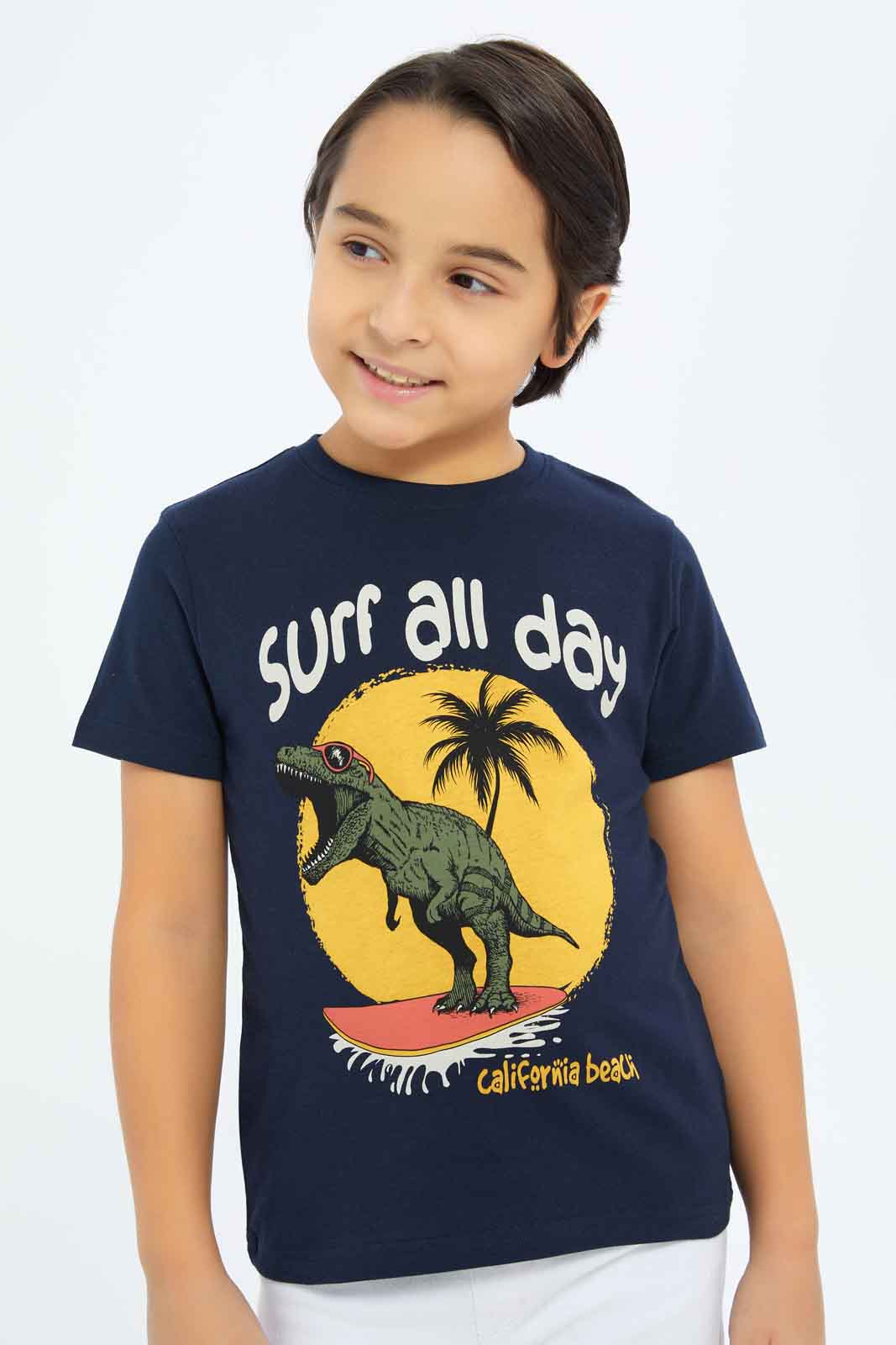 Redtag-Boys-Navy-Dino-Print-Short-Sleeve-T-Shirt-BOY-T-Shirts,-Category:T-Shirts,-Colour:Navy,-Deals:New-In,-Dept:Boys,-Filter:Boys-(2-to-8-Yrs),-New-In-BOY-APL,-Non-Sale,-S23B,-Section:Boys-(0-to-14Yrs),-TBL-Boys-2 to 8 Years