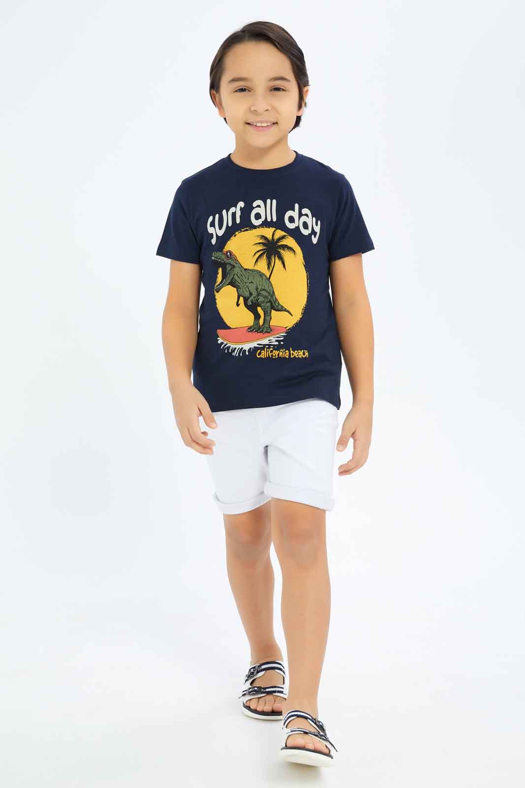 Redtag-Boys-Navy-Dino-Print-Short-Sleeve-T-Shirt-BOY-T-Shirts,-Category:T-Shirts,-Colour:Navy,-Deals:New-In,-Dept:Boys,-Filter:Boys-(2-to-8-Yrs),-New-In-BOY-APL,-Non-Sale,-S23B,-Section:Boys-(0-to-14Yrs),-TBL-Boys-2 to 8 Years