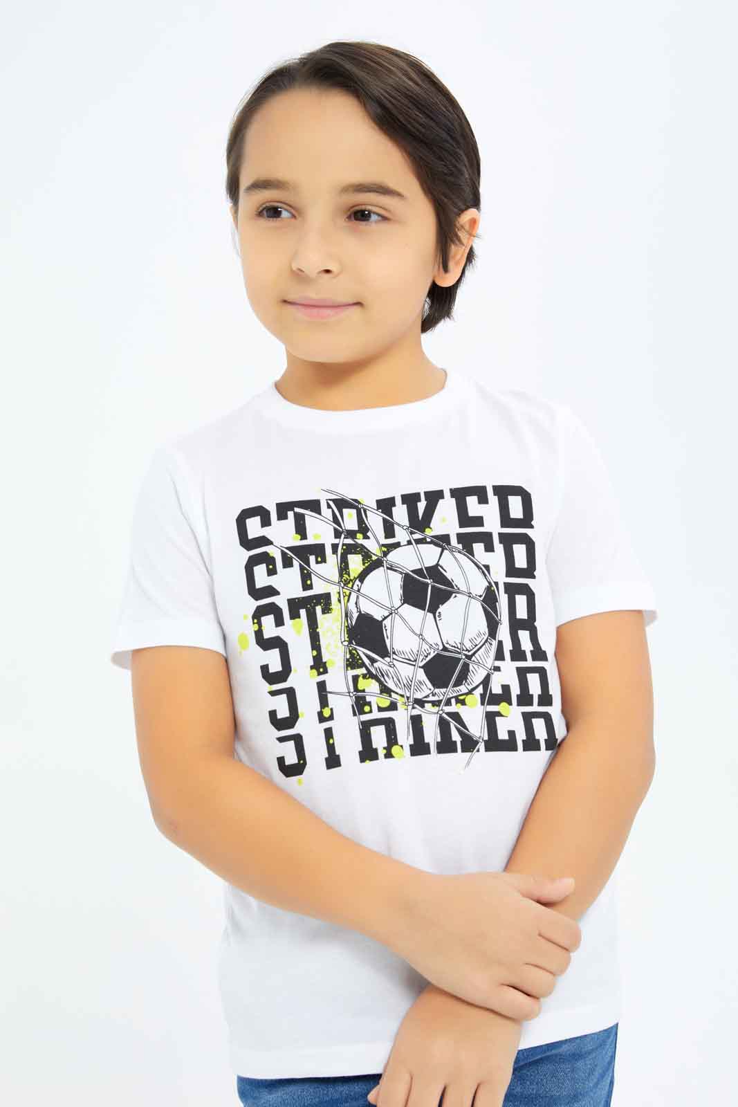 Redtag-Boys-White-Football-Print-Short-Sleeve-T-Shirt-BOY-T-Shirts,-Category:T-Shirts,-Colour:White,-Deals:New-In,-Dept:Boys,-Filter:Boys-(2-to-8-Yrs),-New-In-BOY-APL,-Non-Sale,-S23B,-Section:Boys-(0-to-14Yrs),-TBL-Boys-2 to 8 Years
