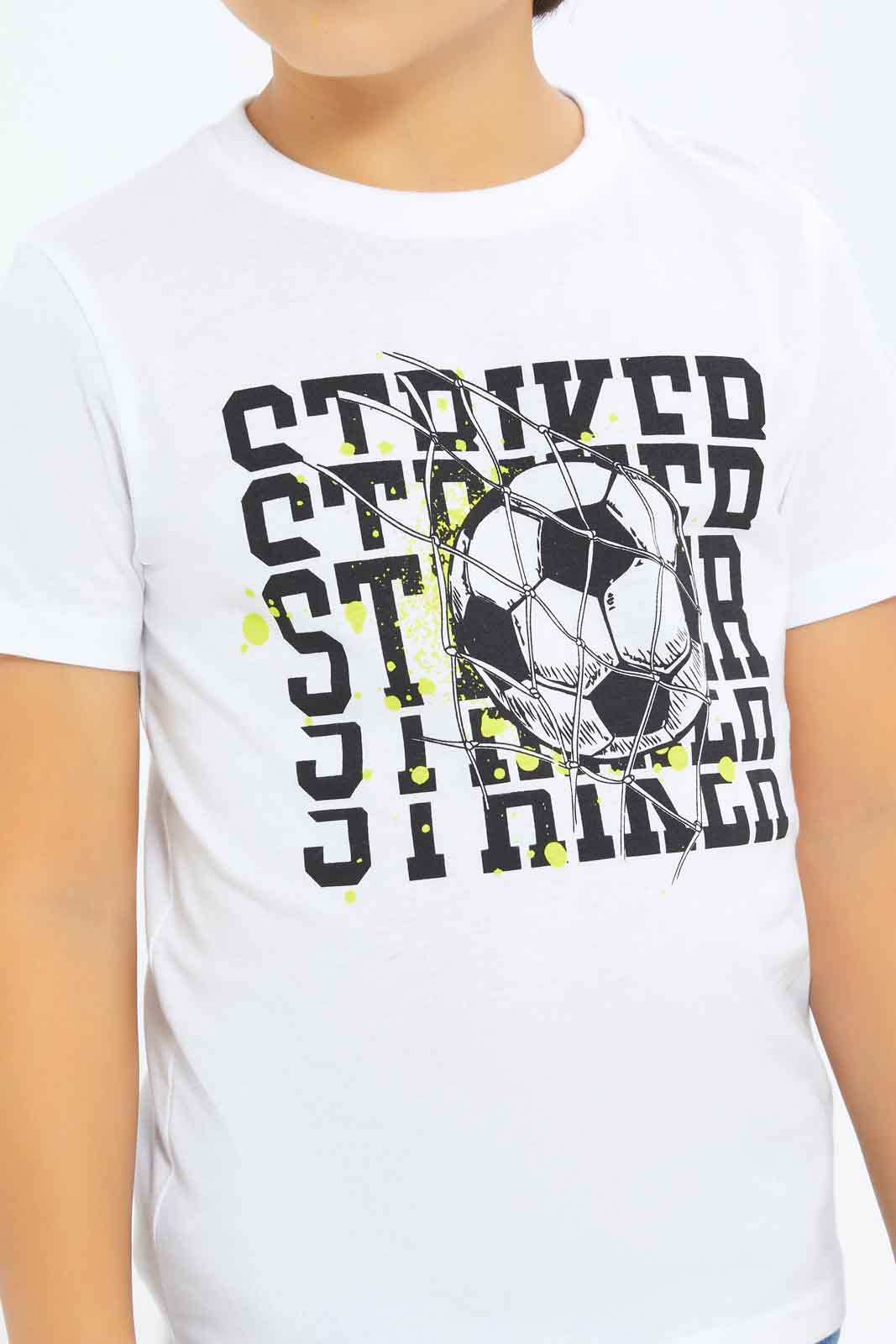 Redtag-Boys-White-Football-Print-Short-Sleeve-T-Shirt-BOY-T-Shirts,-Category:T-Shirts,-Colour:White,-Deals:New-In,-Dept:Boys,-Filter:Boys-(2-to-8-Yrs),-New-In-BOY-APL,-Non-Sale,-S23B,-Section:Boys-(0-to-14Yrs),-TBL-Boys-2 to 8 Years