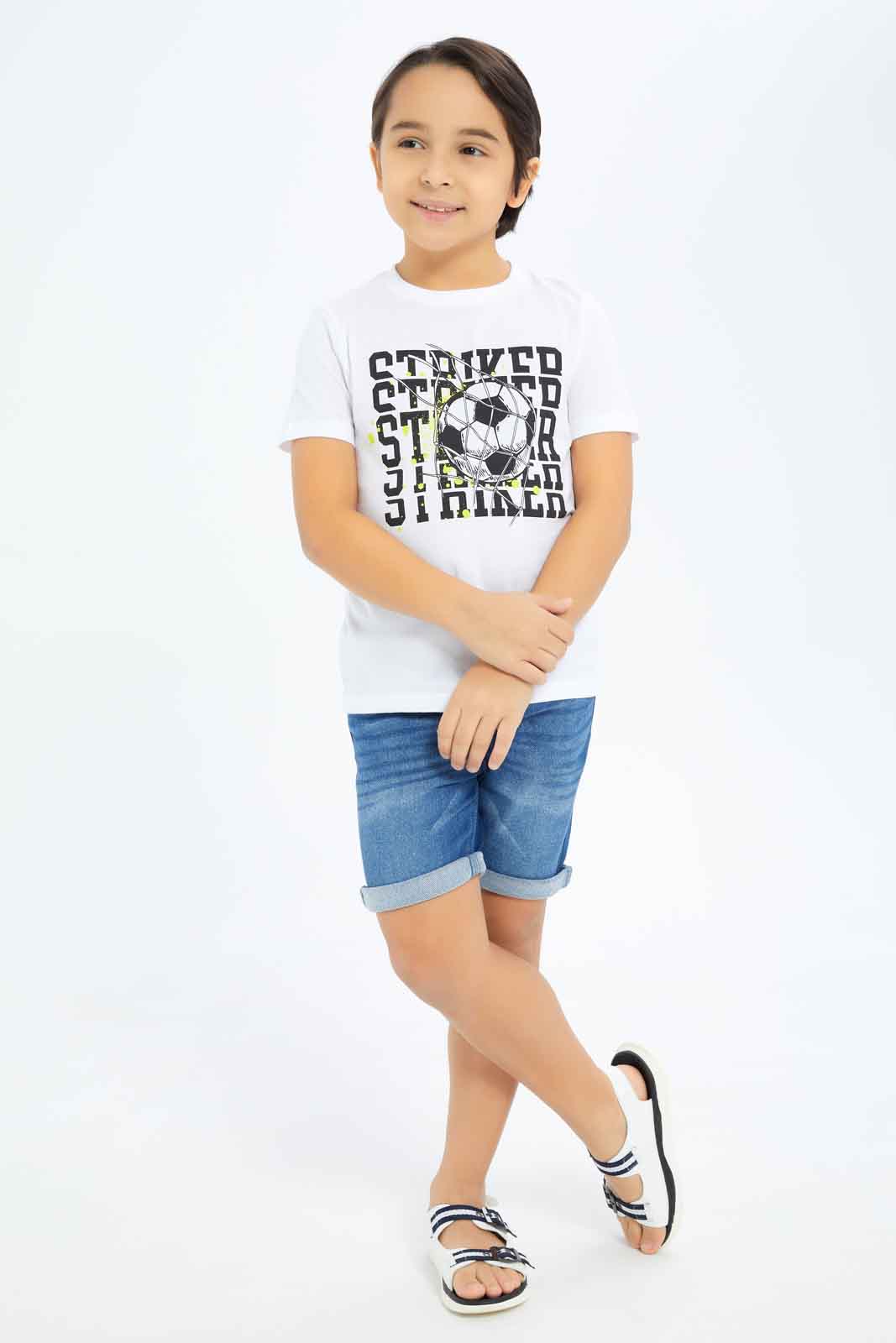 Redtag-Boys-White-Football-Print-Short-Sleeve-T-Shirt-BOY-T-Shirts,-Category:T-Shirts,-Colour:White,-Deals:New-In,-Dept:Boys,-Filter:Boys-(2-to-8-Yrs),-New-In-BOY-APL,-Non-Sale,-S23B,-Section:Boys-(0-to-14Yrs),-TBL-Boys-2 to 8 Years