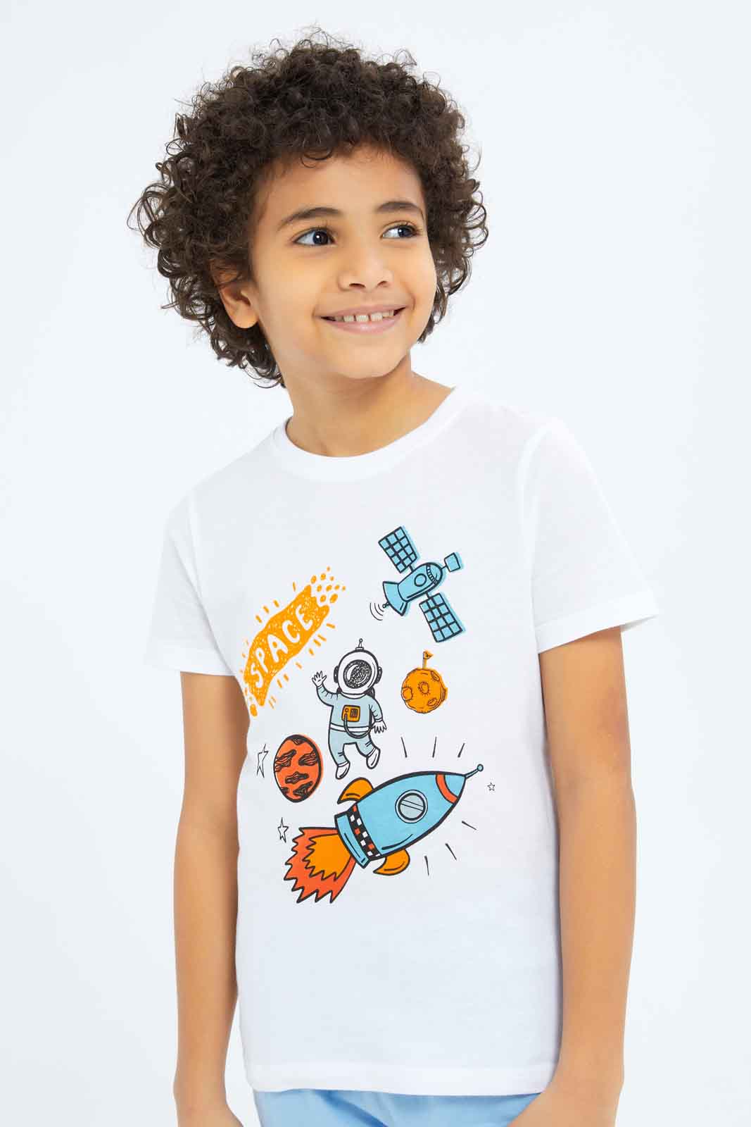 Redtag-Boys-White-Space-Print-Short-Sleeve-T-Shirt-BOY-T-Shirts,-Category:T-Shirts,-Colour:White,-Deals:New-In,-Dept:Boys,-Filter:Boys-(2-to-8-Yrs),-New-In-BOY-APL,-Non-Sale,-S23B,-Section:Boys-(0-to-14Yrs),-TBL-Boys-2 to 8 Years