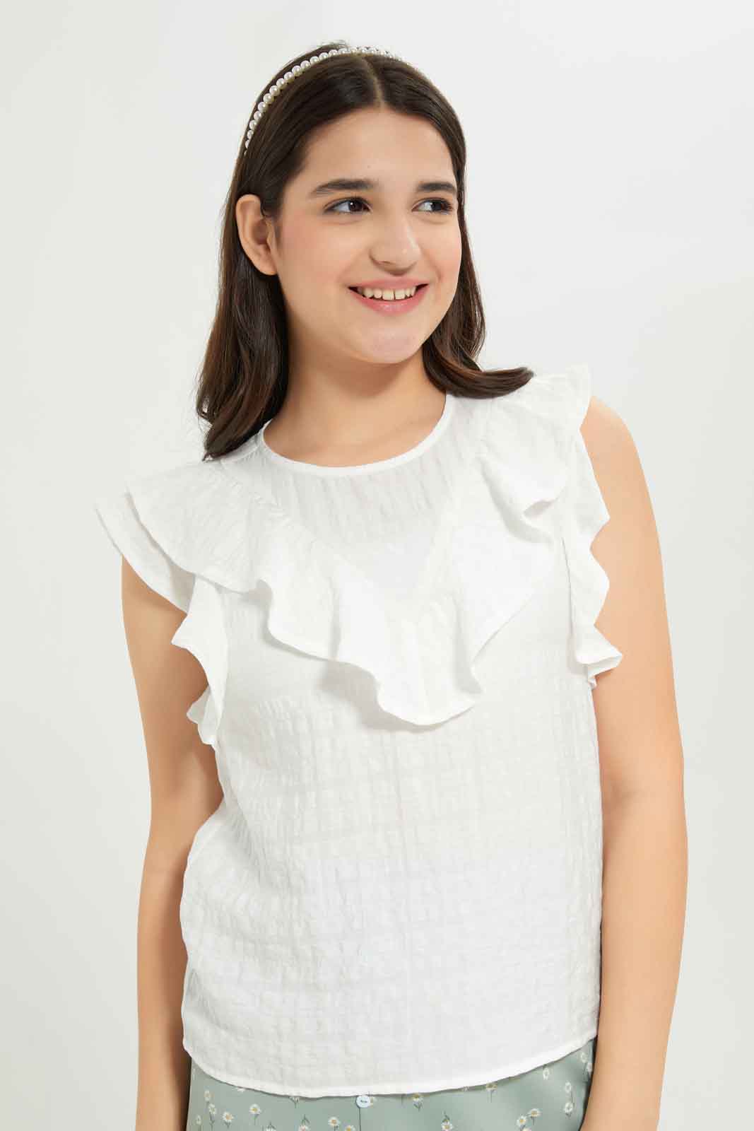 Redtag-Girls-White-Dobby-Ruffled-Top-Category:Blouses,-Colour:White,-Deals:New-In,-Dept:Girls,-Filter:Senior-Girls-(8-to-14-Yrs),-GSR-Blouses,-New-In-GSR-APL,-Non-Sale,-S23B,-Section:Girls-(0-to-14Yrs)-Senior-Girls-9 to 14 Years