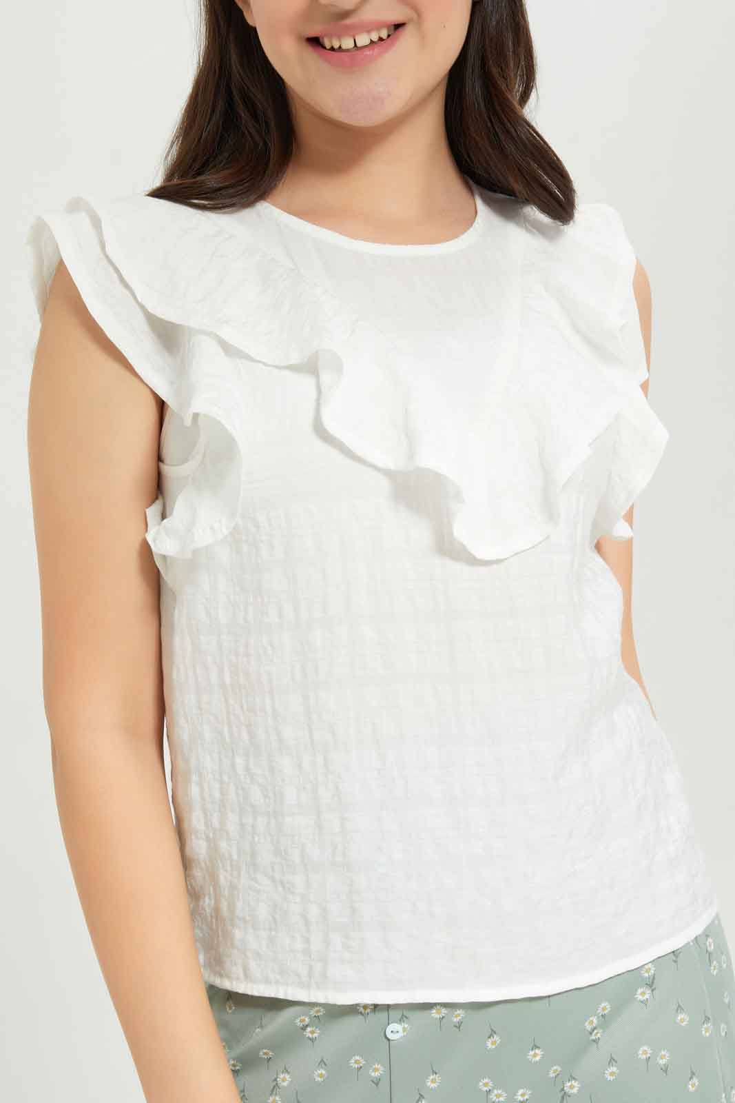 Redtag-Girls-White-Dobby-Ruffled-Top-Category:Blouses,-Colour:White,-Deals:New-In,-Dept:Girls,-Filter:Senior-Girls-(8-to-14-Yrs),-GSR-Blouses,-New-In-GSR-APL,-Non-Sale,-S23B,-Section:Girls-(0-to-14Yrs)-Senior-Girls-9 to 14 Years