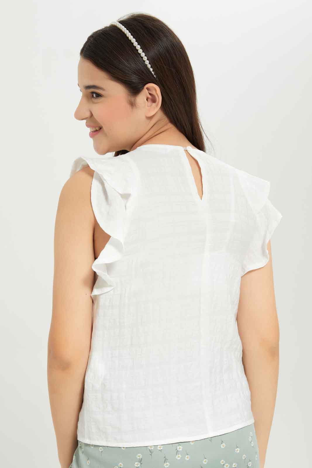 Redtag-Girls-White-Dobby-Ruffled-Top-Category:Blouses,-Colour:White,-Deals:New-In,-Dept:Girls,-Filter:Senior-Girls-(8-to-14-Yrs),-GSR-Blouses,-New-In-GSR-APL,-Non-Sale,-S23B,-Section:Girls-(0-to-14Yrs)-Senior-Girls-9 to 14 Years