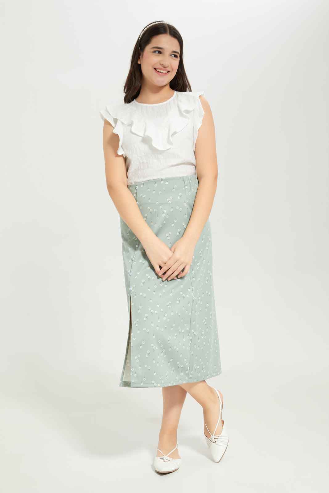 Redtag-Girls-White-Dobby-Ruffled-Top-Category:Blouses,-Colour:White,-Deals:New-In,-Dept:Girls,-Filter:Senior-Girls-(8-to-14-Yrs),-GSR-Blouses,-New-In-GSR-APL,-Non-Sale,-S23B,-Section:Girls-(0-to-14Yrs)-Senior-Girls-9 to 14 Years