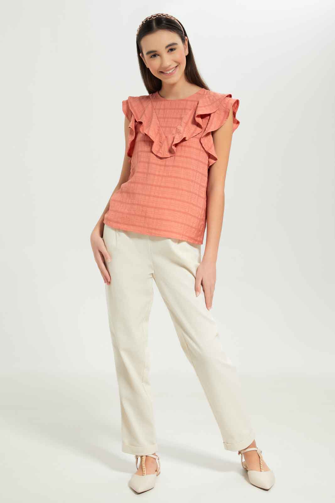 Redtag-Girls-Rust-Dobby-Ruffled-Top-Category:Blouses,-Colour:Orange,-Deals:New-In,-Dept:Girls,-Filter:Senior-Girls-(8-to-14-Yrs),-GSR-Blouses,-New-In-GSR-APL,-Non-Sale,-S23B,-Section:Girls-(0-to-14Yrs)-Senior-Girls-9 to 14 Years