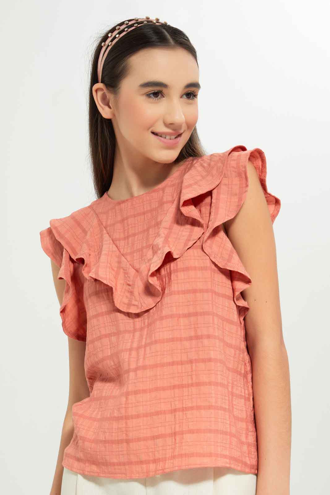 Redtag-Girls-Rust-Dobby-Ruffled-Top-Category:Blouses,-Colour:Orange,-Deals:New-In,-Dept:Girls,-Filter:Senior-Girls-(8-to-14-Yrs),-GSR-Blouses,-New-In-GSR-APL,-Non-Sale,-S23B,-Section:Girls-(0-to-14Yrs)-Senior-Girls-9 to 14 Years