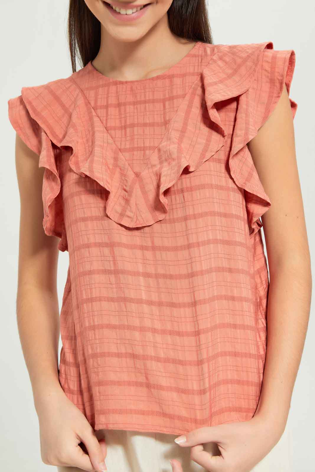 Redtag-Girls-Rust-Dobby-Ruffled-Top-Category:Blouses,-Colour:Orange,-Deals:New-In,-Dept:Girls,-Filter:Senior-Girls-(8-to-14-Yrs),-GSR-Blouses,-New-In-GSR-APL,-Non-Sale,-S23B,-Section:Girls-(0-to-14Yrs)-Senior-Girls-9 to 14 Years