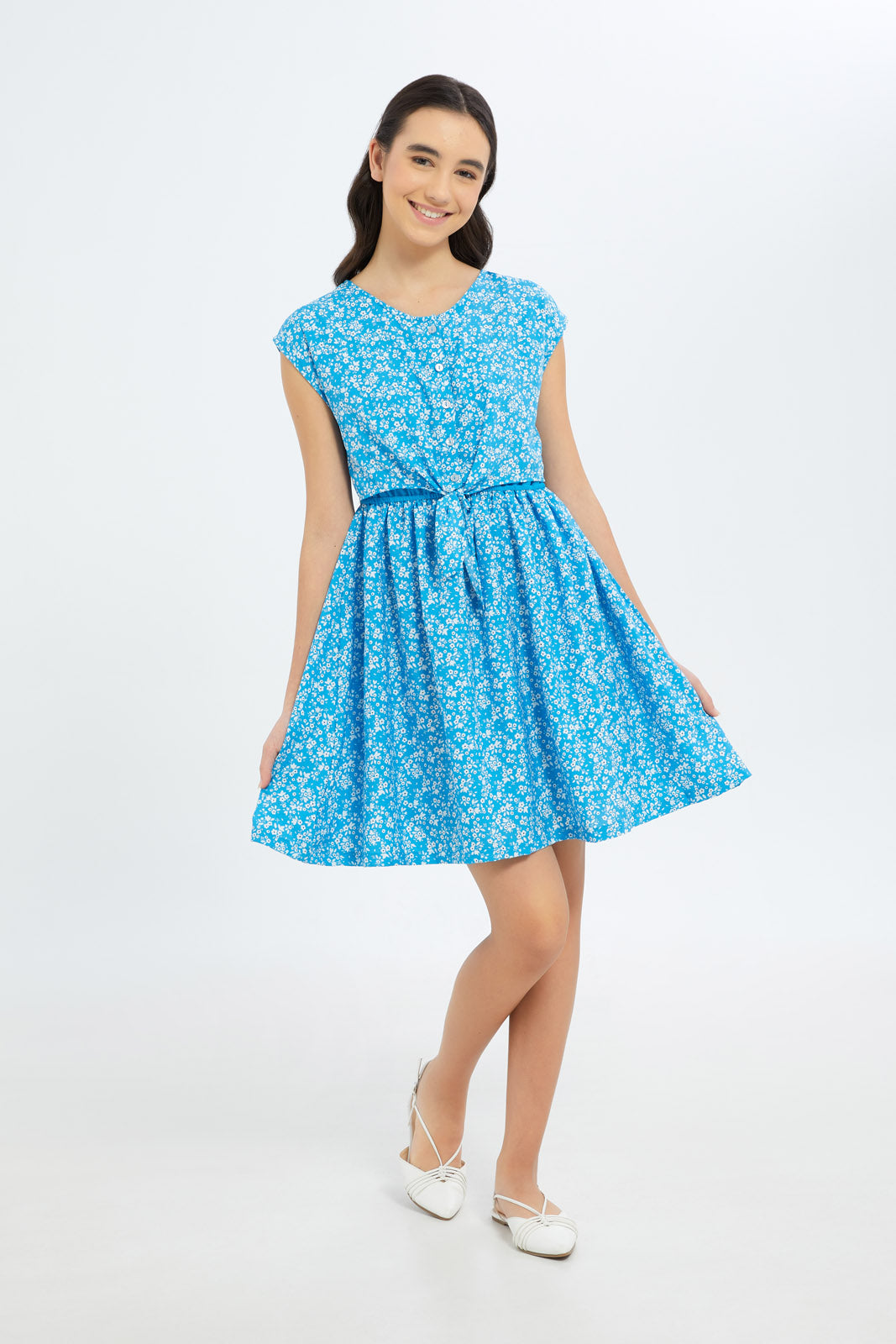 Redtag-Girls-Blue-Floral-Front-Tie-Dress-Category:Dresses,-Colour:Blue,-Deals:New-In,-Dept:Girls,-Filter:Senior-Girls-(8-to-14-Yrs),-GSR-Dresses,-H1:KWR,-H2:GSR,-H3:DRS,-H4:CAD,-New-In-GSR-APL,-Non-Sale,-S23B,-Season:S23B,-Section:Girls-(0-to-14Yrs)-Senior-Girls-9 to 14 Years