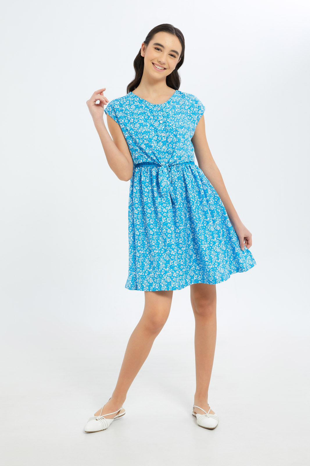 Redtag-Girls-Blue-Floral-Front-Tie-Dress-Category:Dresses,-Colour:Blue,-Deals:New-In,-Dept:Girls,-Filter:Senior-Girls-(8-to-14-Yrs),-GSR-Dresses,-H1:KWR,-H2:GSR,-H3:DRS,-H4:CAD,-New-In-GSR-APL,-Non-Sale,-S23B,-Season:S23B,-Section:Girls-(0-to-14Yrs)-Senior-Girls-9 to 14 Years