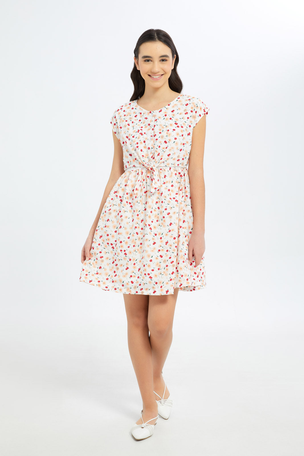 Redtag-Girls-White/Pink-Floral-Front-Tie-Dress-Category:Dresses,-Colour:Blue,-Deals:New-In,-Dept:Girls,-Filter:Senior-Girls-(8-to-14-Yrs),-GSR-Dresses,-H1:KWR,-H2:GSR,-H3:DRS,-H4:CAD,-New-In-GSR-APL,-Non-Sale,-S23B,-Season:S23B,-Section:Girls-(0-to-14Yrs)-Senior-Girls-9 to 14 Years
