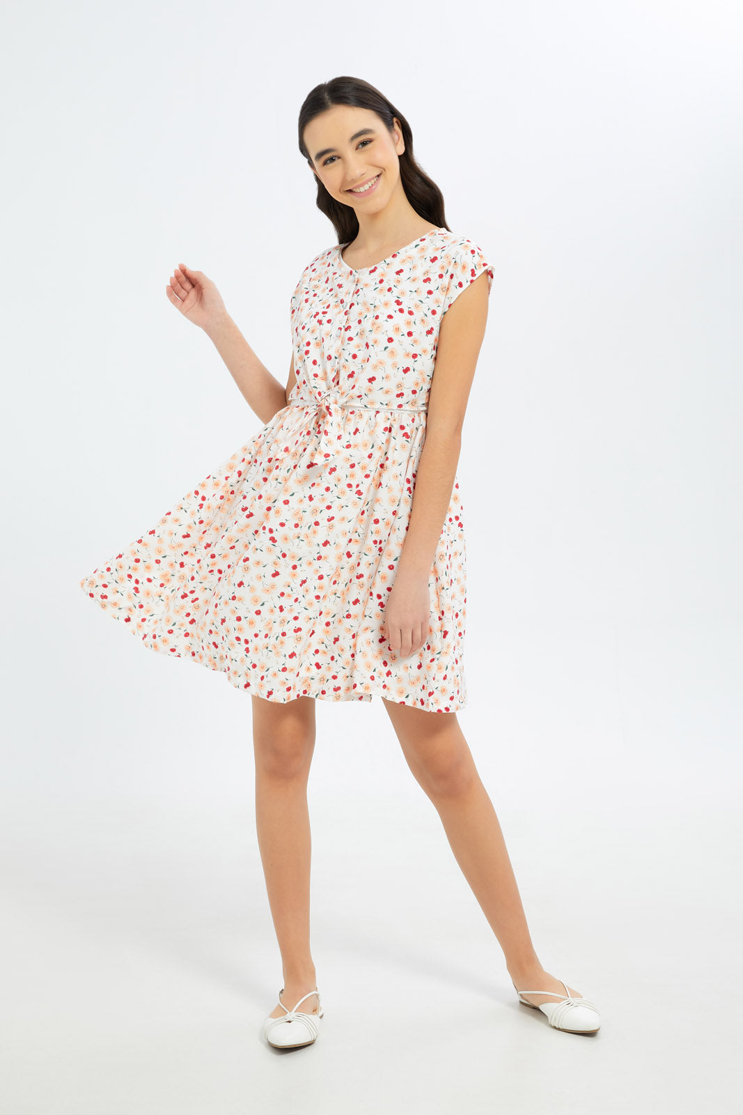 Redtag-Girls-White/Pink-Floral-Front-Tie-Dress-Category:Dresses,-Colour:Blue,-Deals:New-In,-Dept:Girls,-Filter:Senior-Girls-(8-to-14-Yrs),-GSR-Dresses,-H1:KWR,-H2:GSR,-H3:DRS,-H4:CAD,-New-In-GSR-APL,-Non-Sale,-S23B,-Season:S23B,-Section:Girls-(0-to-14Yrs)-Senior-Girls-9 to 14 Years