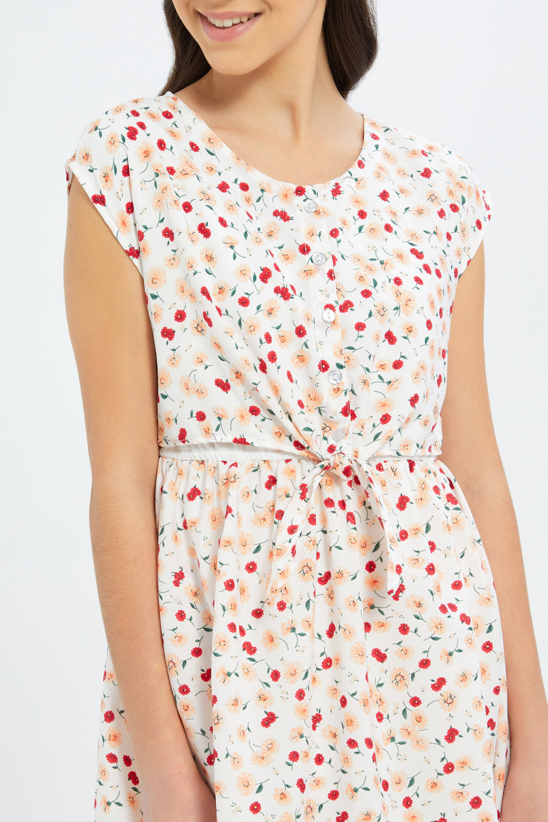 Redtag-Girls-White/Pink-Floral-Front-Tie-Dress-Category:Dresses,-Colour:Blue,-Deals:New-In,-Dept:Girls,-Filter:Senior-Girls-(8-to-14-Yrs),-GSR-Dresses,-H1:KWR,-H2:GSR,-H3:DRS,-H4:CAD,-New-In-GSR-APL,-Non-Sale,-S23B,-Season:S23B,-Section:Girls-(0-to-14Yrs)-Senior-Girls-9 to 14 Years