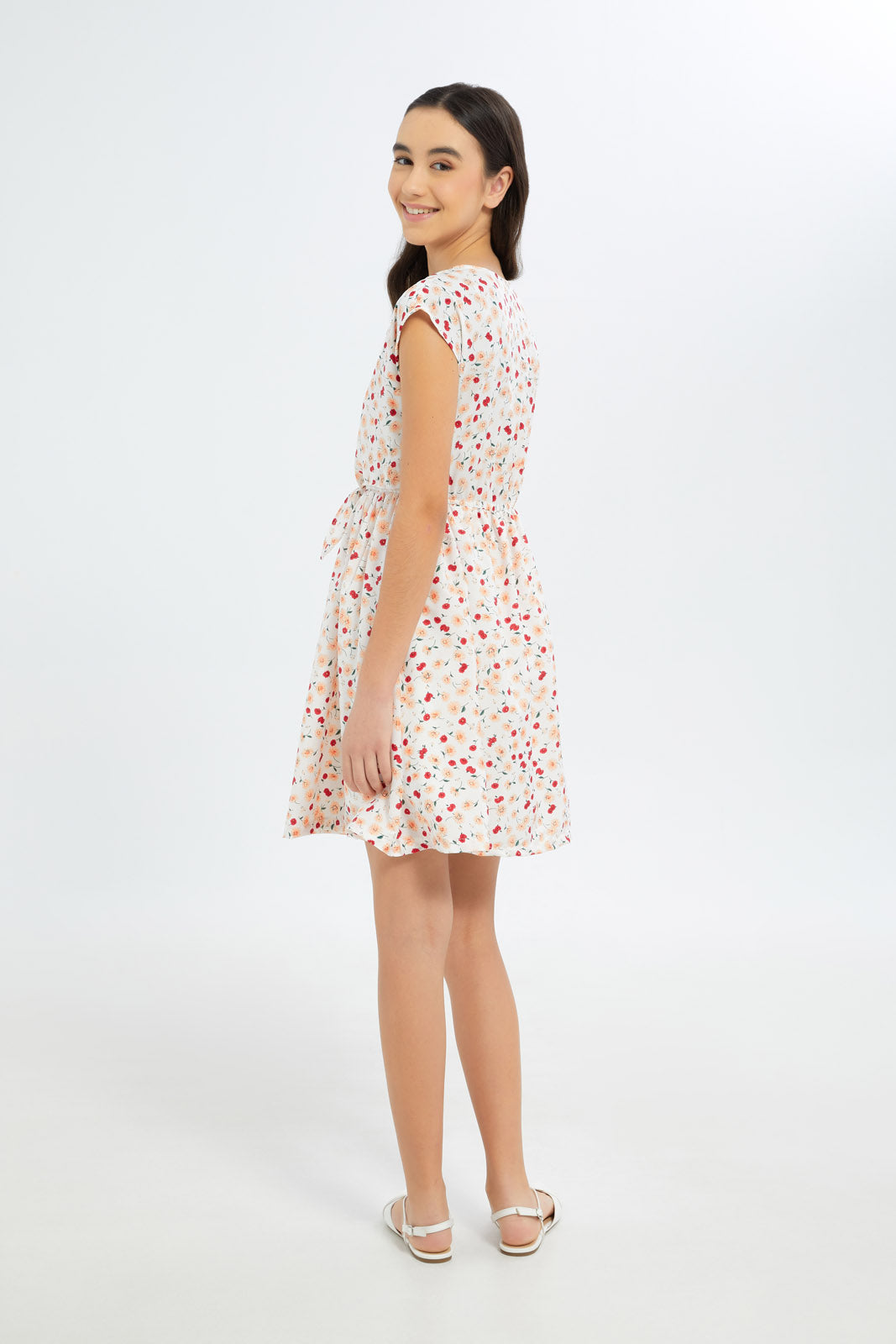 Redtag-Girls-White/Pink-Floral-Front-Tie-Dress-Category:Dresses,-Colour:Blue,-Deals:New-In,-Dept:Girls,-Filter:Senior-Girls-(8-to-14-Yrs),-GSR-Dresses,-H1:KWR,-H2:GSR,-H3:DRS,-H4:CAD,-New-In-GSR-APL,-Non-Sale,-S23B,-Season:S23B,-Section:Girls-(0-to-14Yrs)-Senior-Girls-9 to 14 Years