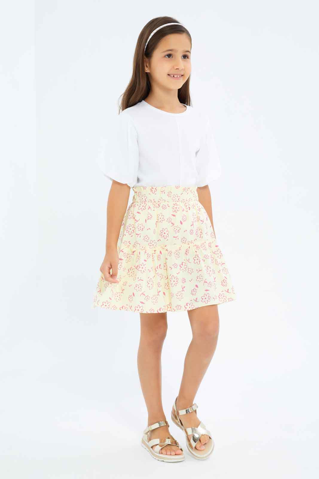 Redtag-Girls-Twill-Gathered-Skirt-Yellow-Aop-Category:Skirts,-Colour:Yellow,-Deals:New-In,-Dept:Girls,-Filter:Girls-(2-to-8-Yrs),-GIR-Skirts,-New-In-GIR-APL,-Non-Sale,-S23A,-Section:Girls-(0-to-14Yrs)-Girls-2 to 8 Years