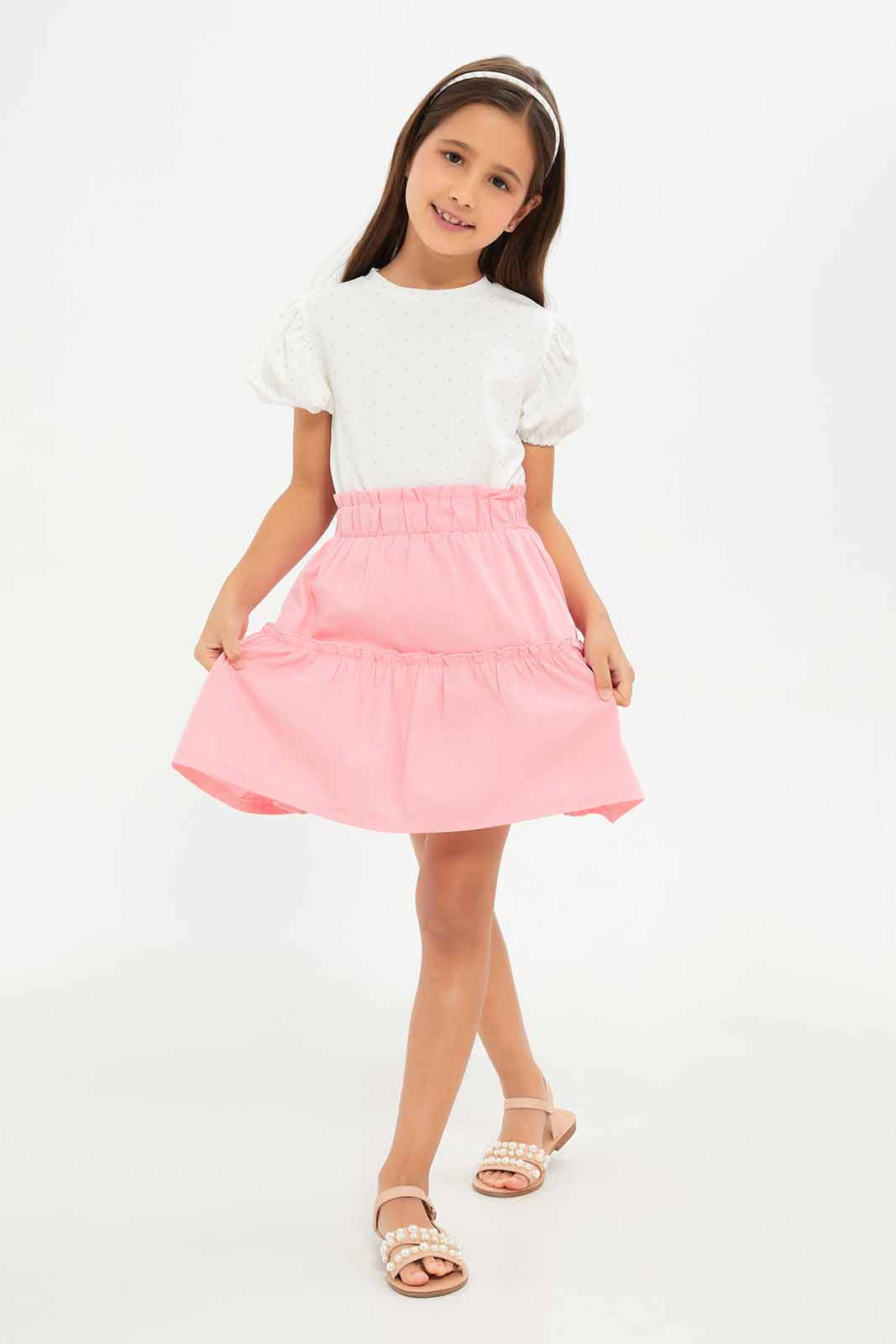Redtag-Girls-Twill-Gathered-Skirt-Pink-Soild-Category:Skirts,-Colour:Apricot,-Deals:New-In,-Dept:Girls,-Filter:Girls-(2-to-8-Yrs),-GIR-Skirts,-New-In-GIR-APL,-Non-Sale,-S23A,-Section:Girls-(0-to-14Yrs)-Girls-2 to 8 Years