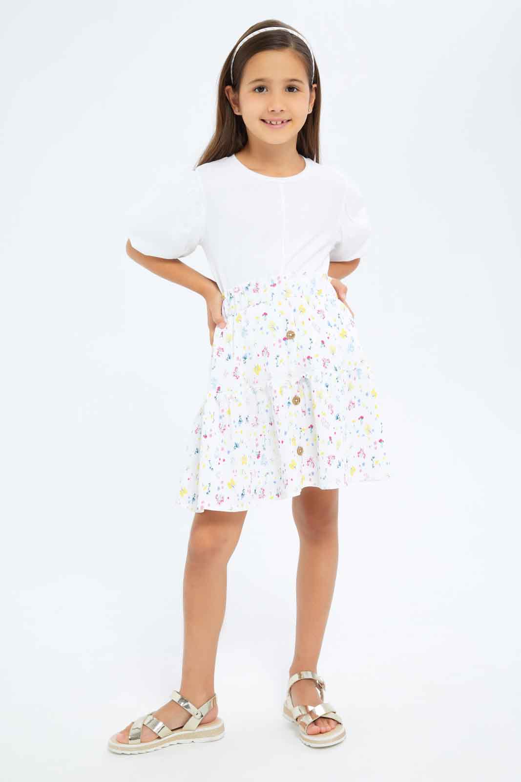 Redtag-Girls-Poly-Crinkled-Gathered-Skirt--White-Aop-Category:Skirts,-Colour:White,-Deals:New-In,-Dept:Girls,-Filter:Girls-(2-to-8-Yrs),-GIR-Skirts,-New-In-GIR-APL,-Non-Sale,-S23A,-Section:Girls-(0-to-14Yrs)-Girls-2 to 8 Years