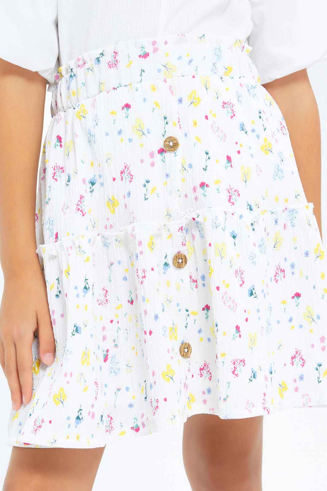 Redtag-Girls-Poly-Crinkled-Gathered-Skirt--White-Aop-Category:Skirts,-Colour:White,-Deals:New-In,-Dept:Girls,-Filter:Girls-(2-to-8-Yrs),-GIR-Skirts,-New-In-GIR-APL,-Non-Sale,-S23A,-Section:Girls-(0-to-14Yrs)-Girls-2 to 8 Years
