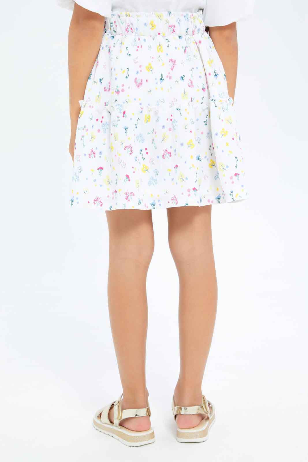 Redtag-Girls-Poly-Crinkled-Gathered-Skirt--White-Aop-Category:Skirts,-Colour:White,-Deals:New-In,-Dept:Girls,-Filter:Girls-(2-to-8-Yrs),-GIR-Skirts,-New-In-GIR-APL,-Non-Sale,-S23A,-Section:Girls-(0-to-14Yrs)-Girls-2 to 8 Years