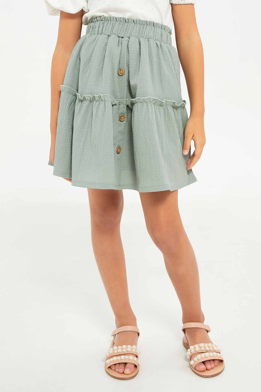 Redtag-Girls-Poly-Crinkled-Gathered-Skirt--Sage-Category:Skirts,-Colour:Green,-Deals:New-In,-Dept:Girls,-Filter:Girls-(2-to-8-Yrs),-GIR-Skirts,-New-In-GIR-APL,-Non-Sale,-S23A,-Section:Girls-(0-to-14Yrs)-Girls-2 to 8 Years