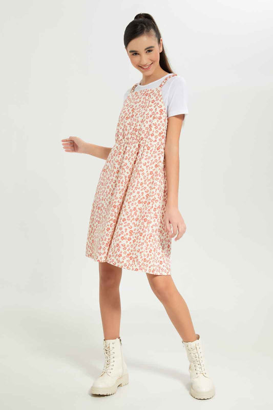 Redtag-Girls-White-Ditsy-Print-Twofer-Dress-Category:Dresses,-Colour:White,-Deals:New-In,-Dept:Girls,-Filter:Senior-Girls-(8-to-14-Yrs),-GSR-Dresses,-New-In-GSR-APL,-Non-Sale,-S23B,-Section:Girls-(0-to-14Yrs)-Senior-Girls-9 to 14 Years
