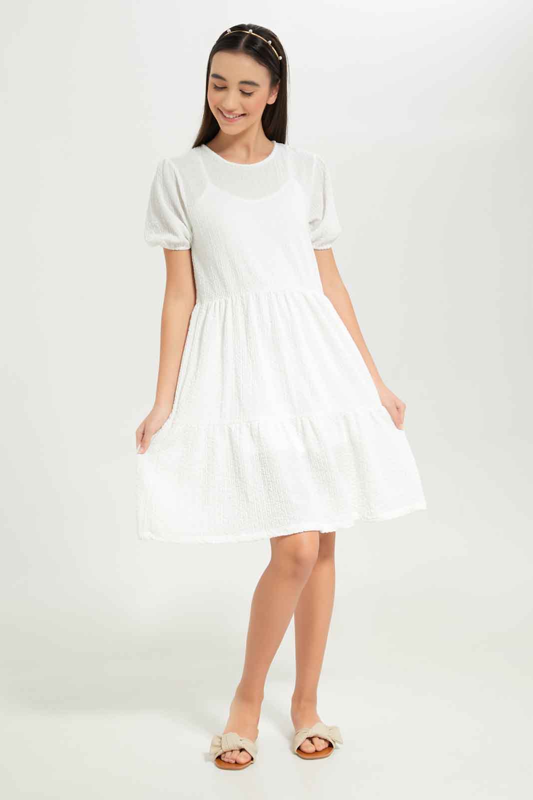 Redtag-Girls-White-Jacquard-Tiered-Dress-Category:Dresses,-Colour:White,-Deals:New-In,-Dept:Girls,-Filter:Senior-Girls-(8-to-14-Yrs),-GSR-Dresses,-New-In-GSR-APL,-Non-Sale,-S23B,-Section:Girls-(0-to-14Yrs)-Senior-Girls-9 to 14 Years