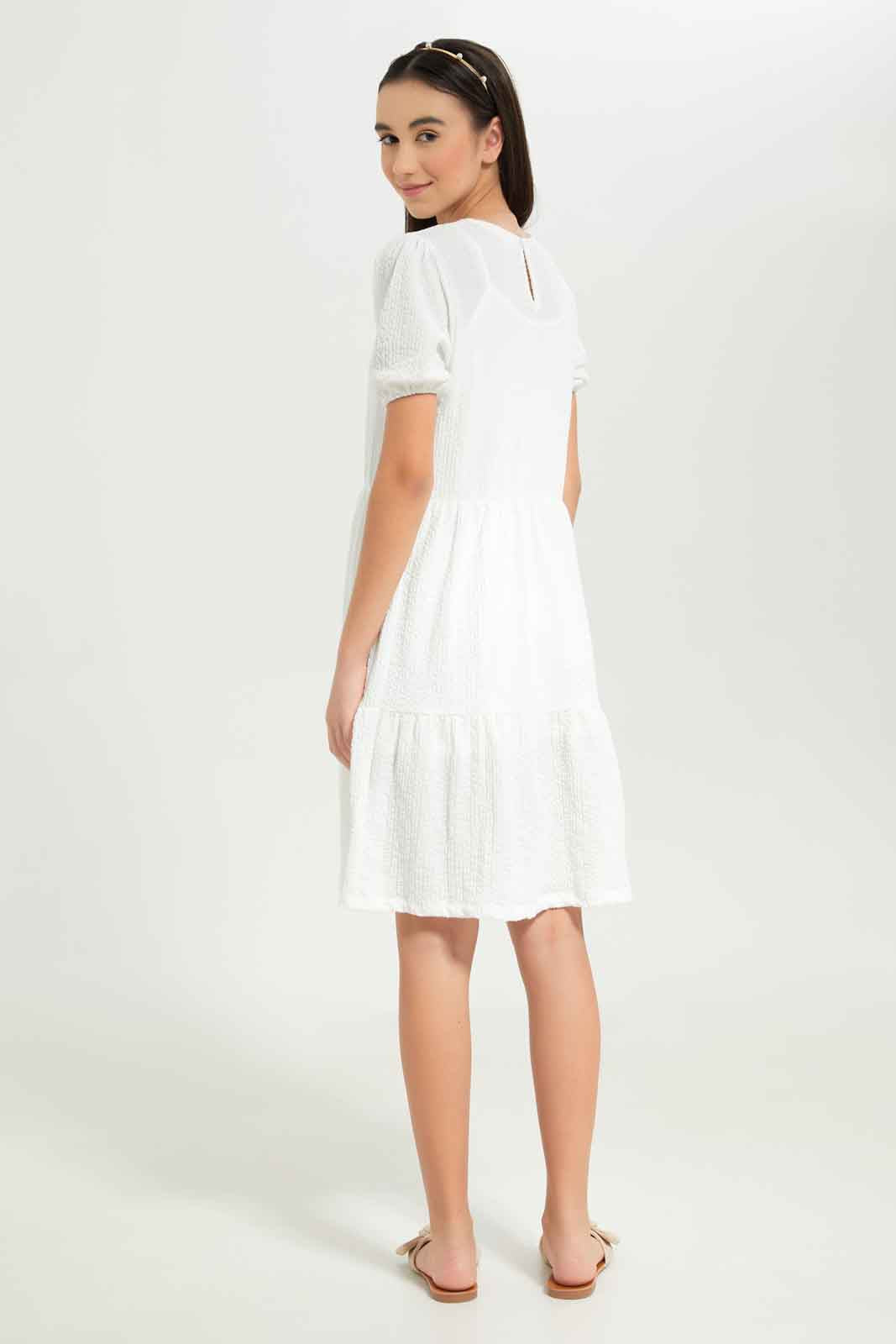 Redtag-Girls-White-Jacquard-Tiered-Dress-Category:Dresses,-Colour:White,-Deals:New-In,-Dept:Girls,-Filter:Senior-Girls-(8-to-14-Yrs),-GSR-Dresses,-New-In-GSR-APL,-Non-Sale,-S23B,-Section:Girls-(0-to-14Yrs)-Senior-Girls-9 to 14 Years
