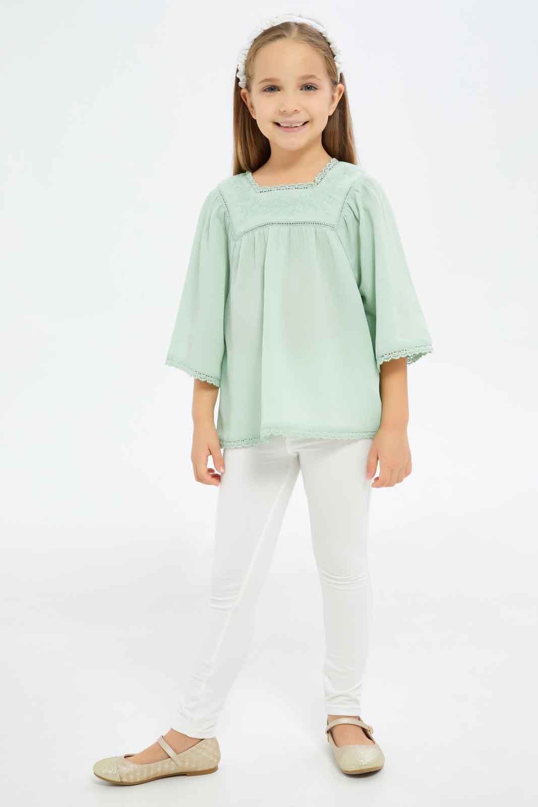 Redtag-Girls-Poly-Crepe-Blouse-With-Enb-And-Lace---Sage-Category:Blouses,-Colour:Green,-Deals:New-In,-Dept:Girls,-Filter:Girls-(2-to-8-Yrs),-GIR-Blouses,-New-In-GIR-APL,-Non-Sale,-S23A,-Section:Girls-(0-to-14Yrs)-Girls-2 to 8 Years
